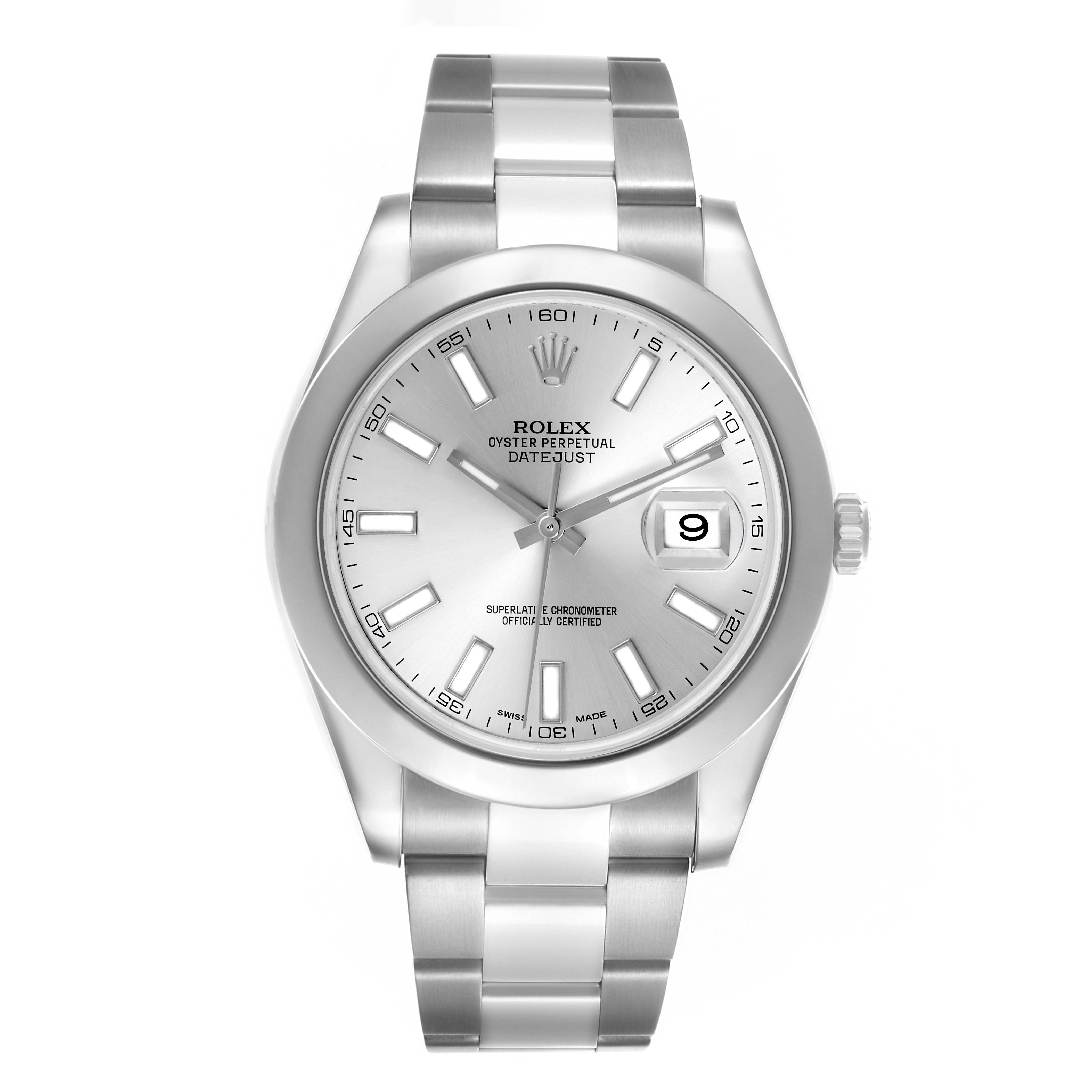 The Rolex Datejust 41 116300 Men
s Stainless Steel Silver Dial 116300 Men
s Stainless Steel Silver Dial watch is shown from the front, displaying the dial, hands, and bracelet.