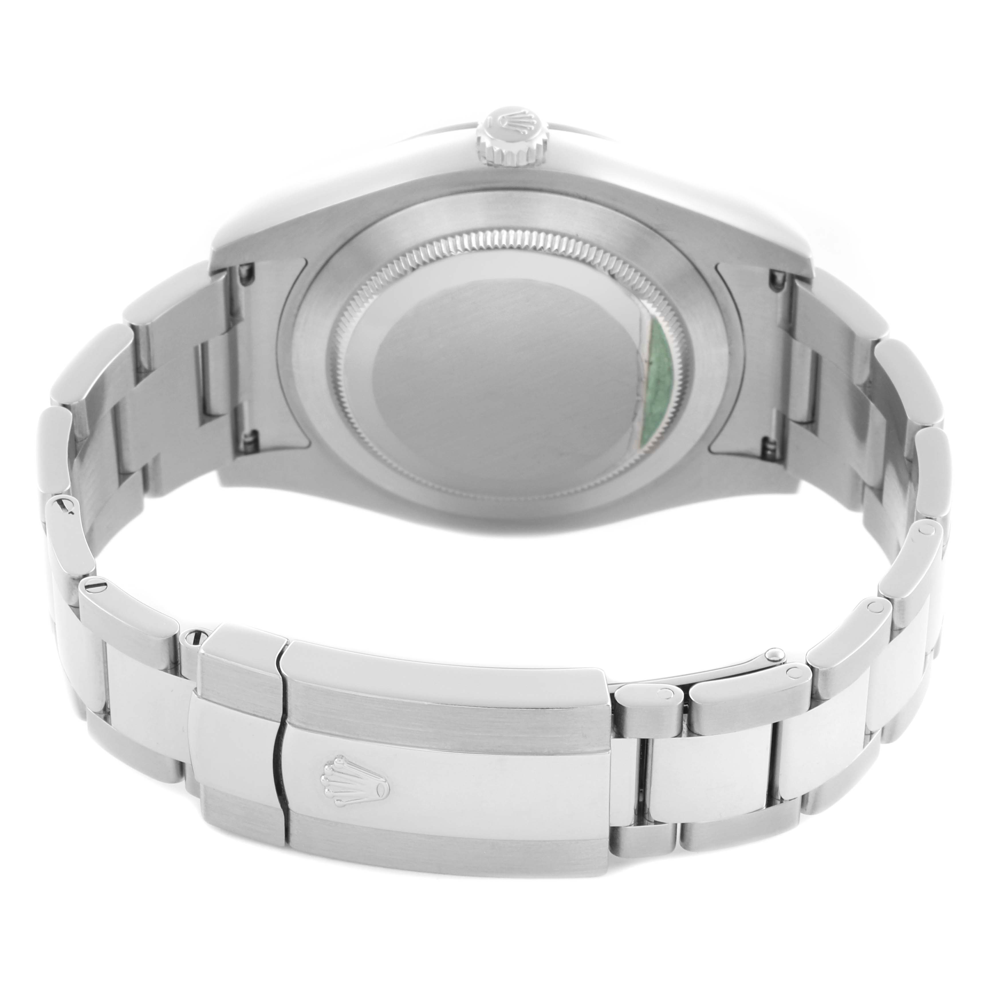 The Rolex Datejust 41 116300 Men
s Stainless Steel Silver Dial 116300 Men
s Stainless Steel Silver Dial is shown from the back, highlighting the case back and bracelet with the clasp open.