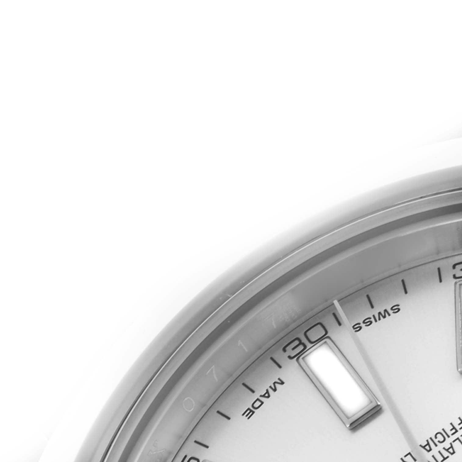 The image shows a close-up of the dial and hour markers of a Rolex Datejust 41 116300 Men
s Stainless Steel Silver Dial 116300 Men
s Stainless Steel Silver Dial watch from an oblique angle.