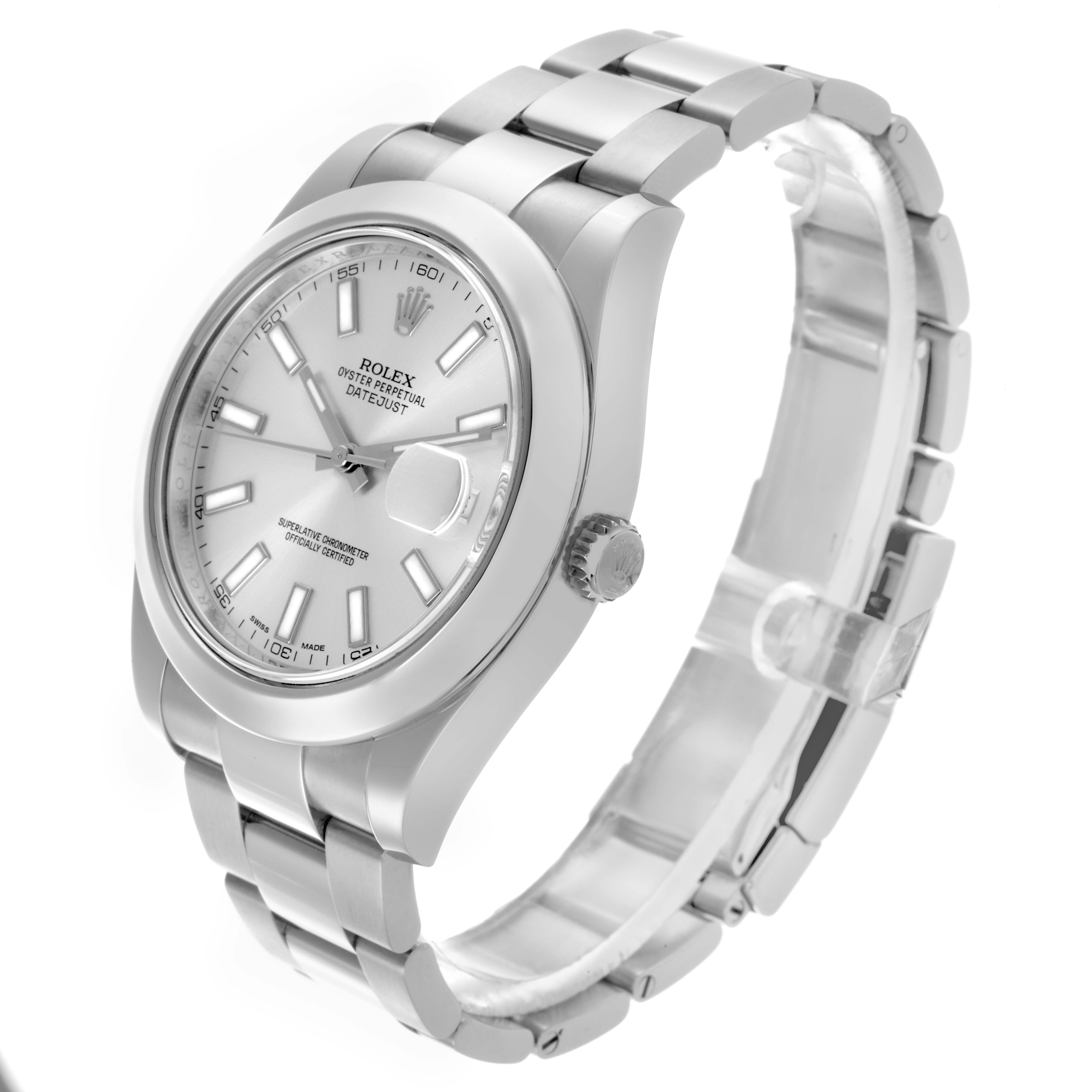 The Rolex Datejust 41 116300 Men
s Stainless Steel Silver Dial 116300 Men
s Stainless Steel Silver Dial watch is shown at a slight angle, highlighting the face, bezel, and bracelet.