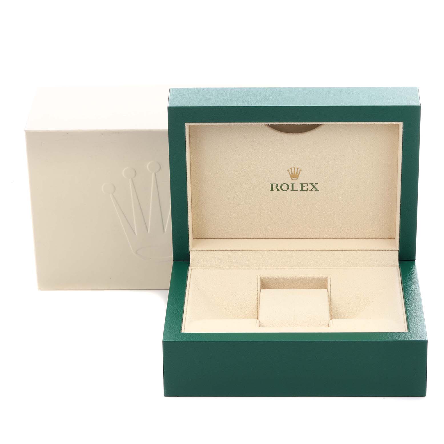 The image shows an open Rolex box for a Datejust 41, featuring a green exterior and a cream interior with the Rolex logo displayed.