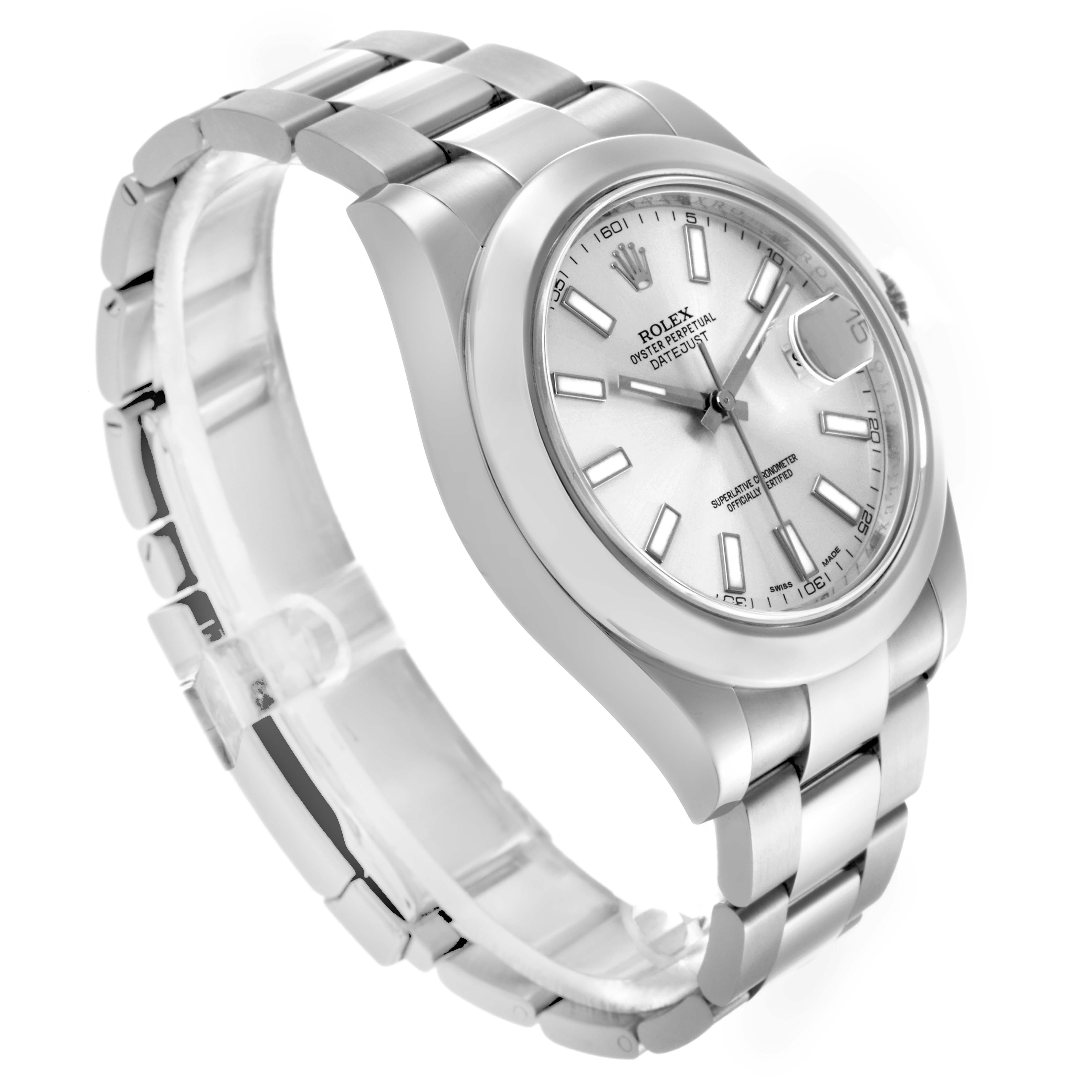 The Rolex Datejust 41 116300 Men
s Stainless Steel Silver Dial 116300 Men
s Stainless Steel Silver Dial is shown at an angled side view, displaying the dial, bezel, and bracelet.