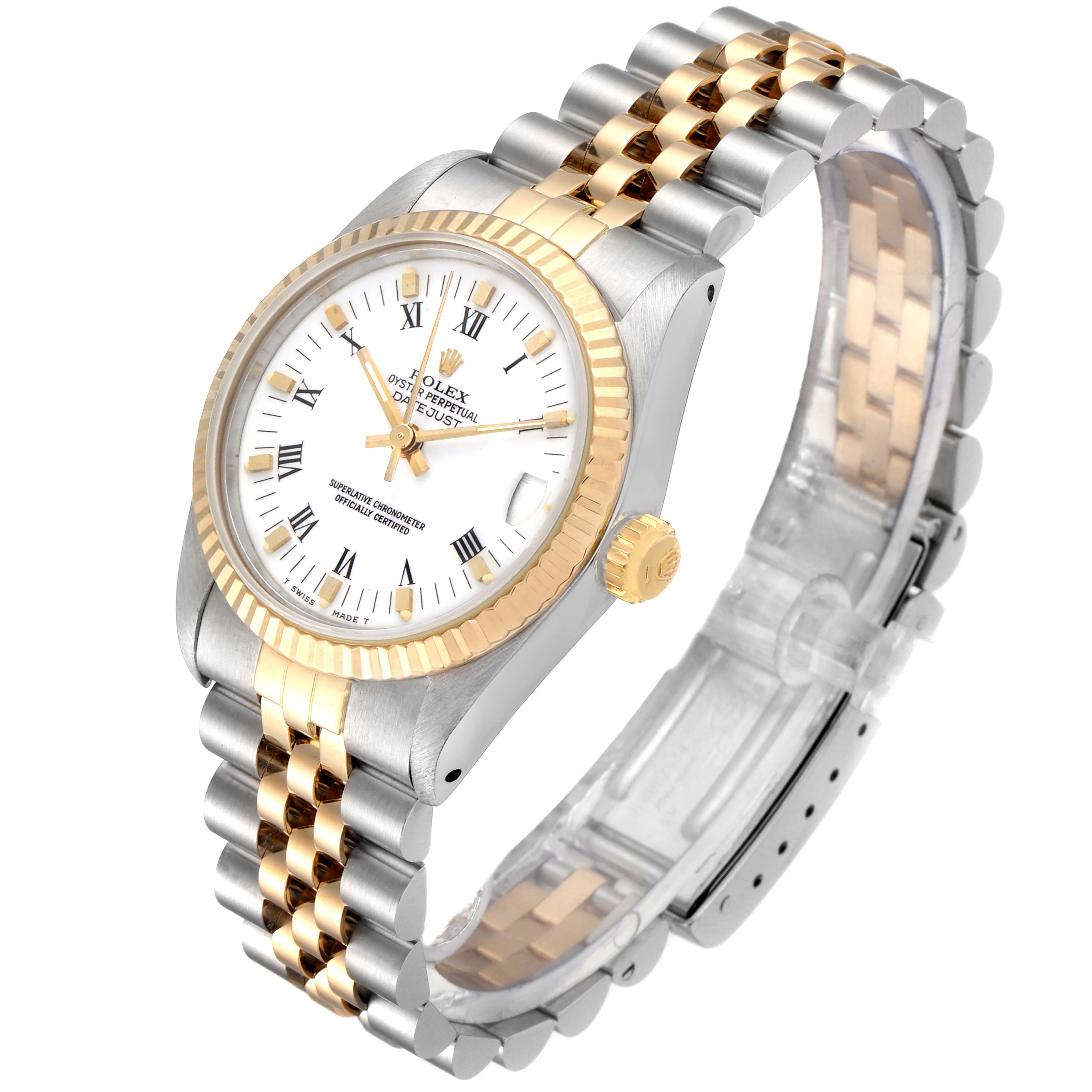 This image shows the Rolex Datejust 68273 Women's Steel and Gold (two tone) White Dial 68273 Women's Steel and Gold (two tone) White Dial watch at an angle, featuring its dial, case, bezel, and bracelet.