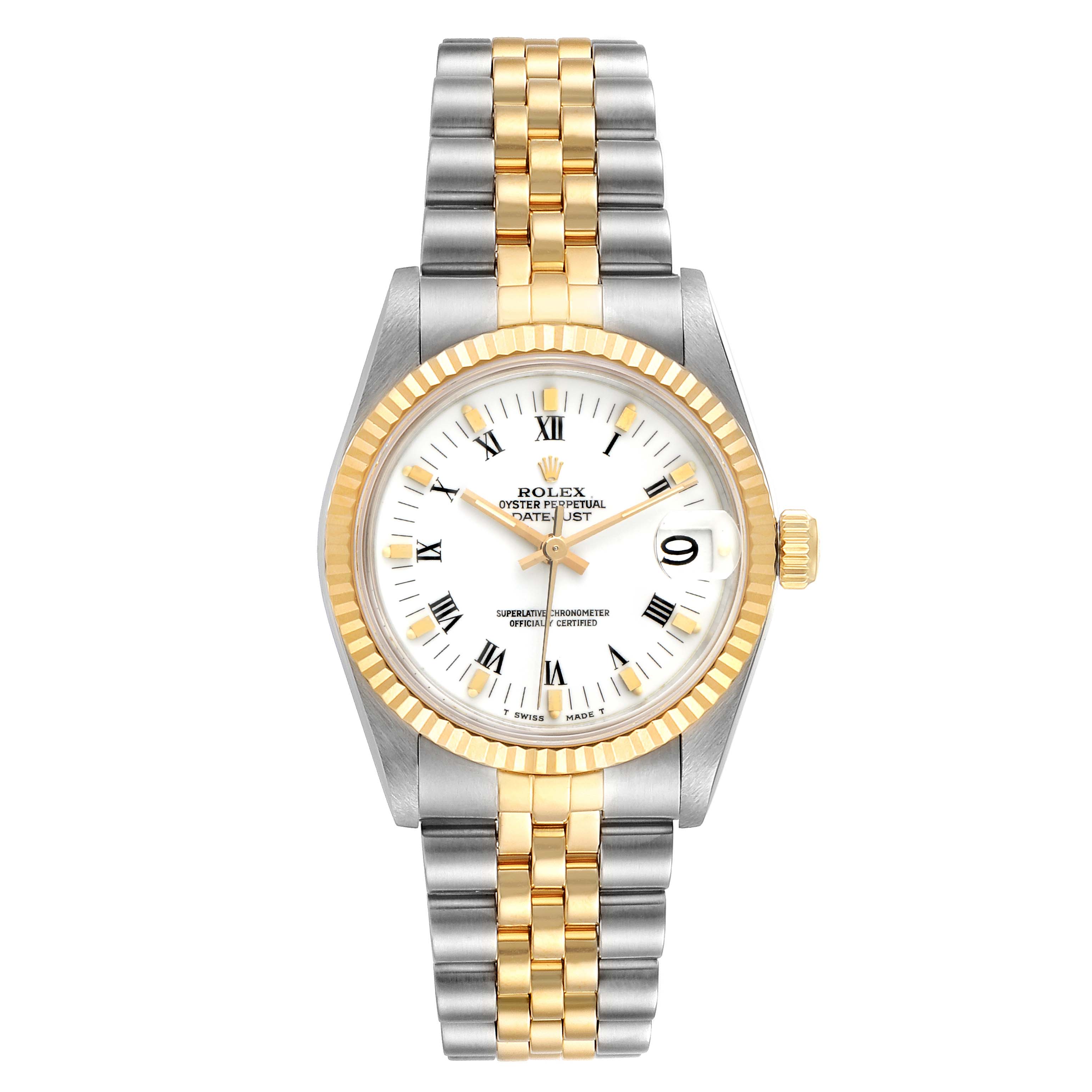 This Rolex Datejust 68273 Women's Steel and Gold (two tone) White Dial 68273 Women's Steel and Gold (two tone) White Dial watch is displayed from the front, showcasing its face, bezel, and two-tone bracelet.