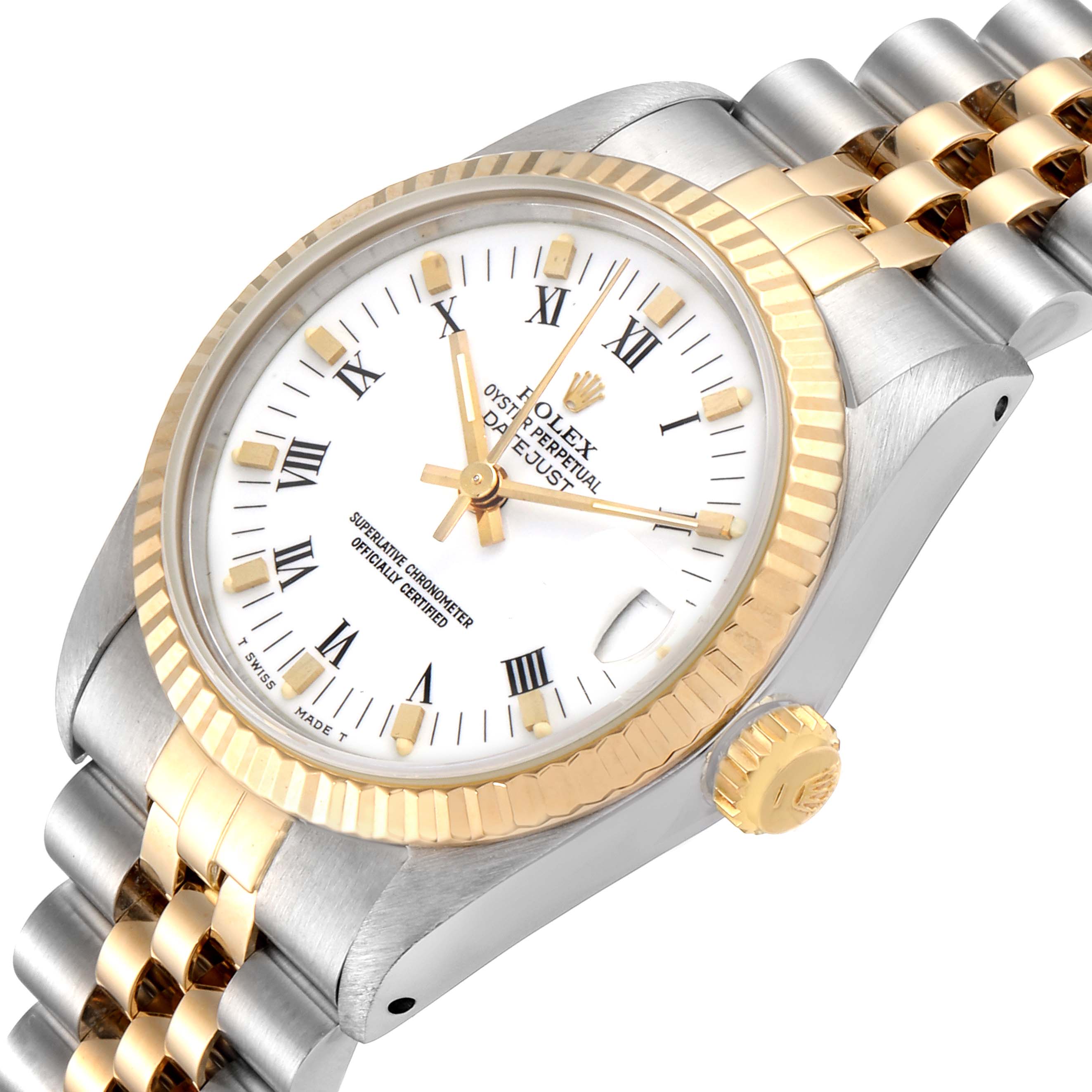 This image shows a Rolex Datejust 68273 Women's Steel and Gold (two tone) White Dial 68273 Women's Steel and Gold (two tone) White Dial watch angled from the upper left, highlighting the face, bezel, crown, and part of the bracelet.