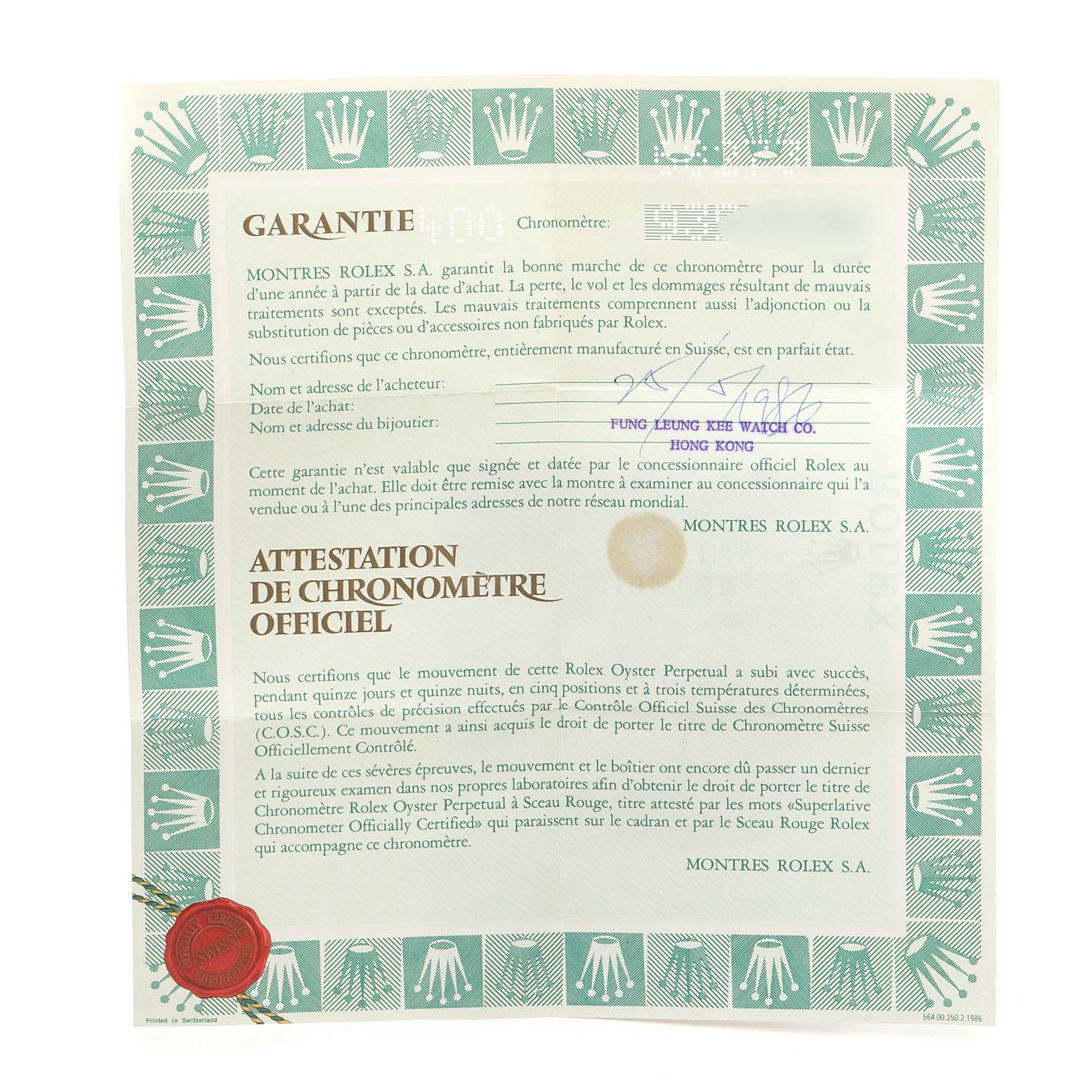 The image shows a Rolex Datejust 68273 Women's Steel and Gold (two tone) White Dial 68273 Women's Steel and Gold (two tone) White Dial warranty card with official chronometer certification in French, including a red seal.