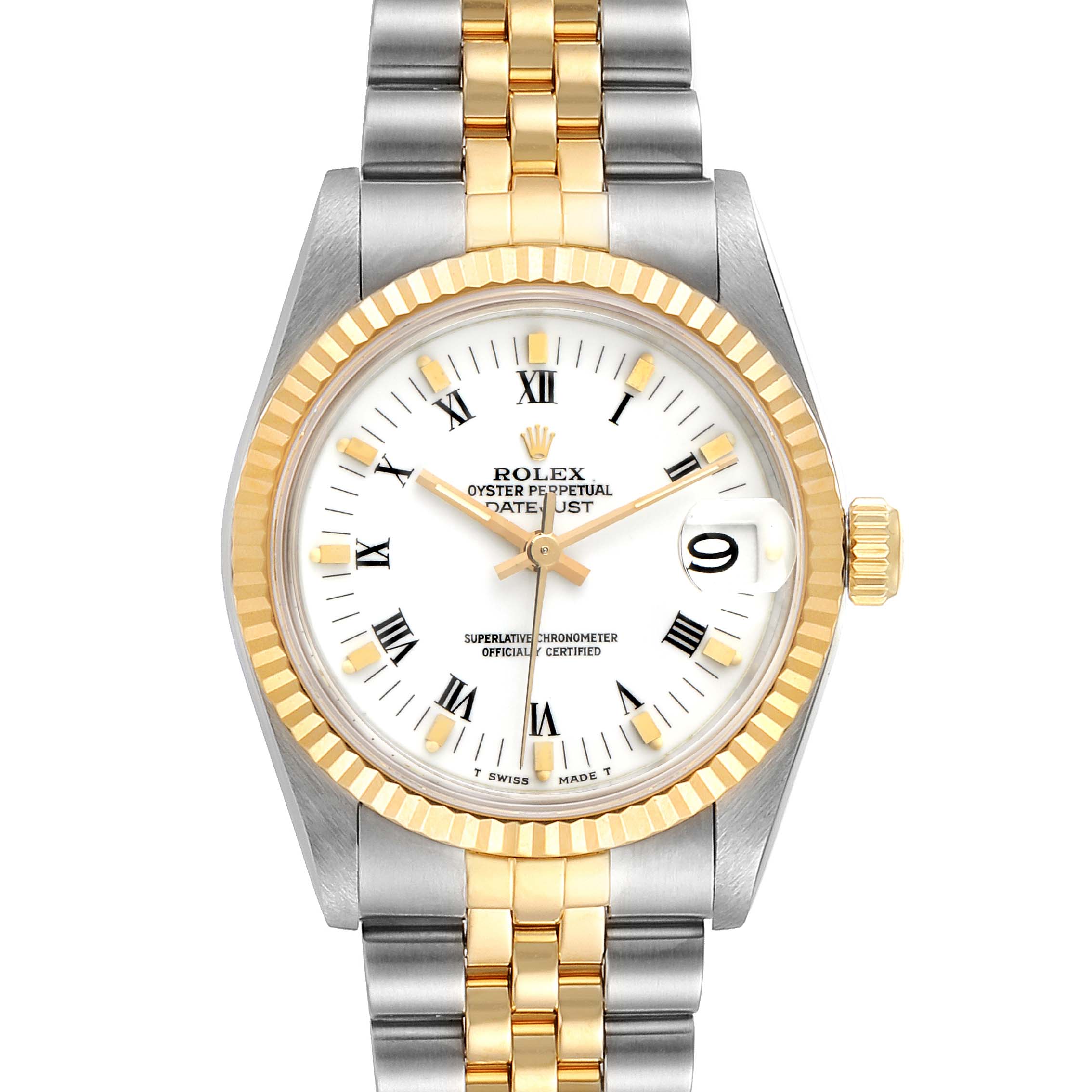 The image shows a frontal view of the Rolex Datejust 68273 Women's Steel and Gold (two tone) White Dial 68273 Women's Steel and Gold (two tone) White Dial watch, highlighting the gold bezel, white dial, and two-tone bracelet.