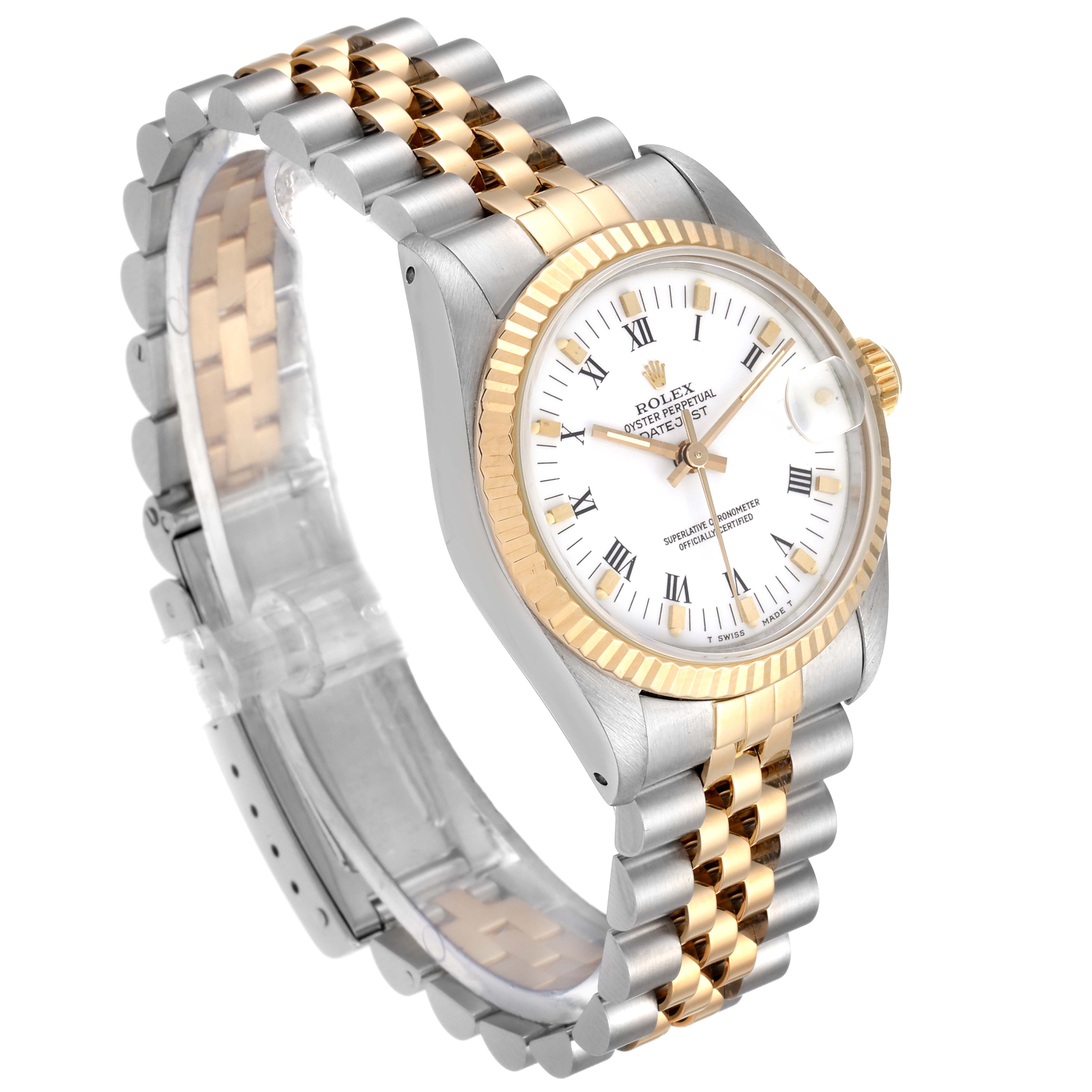 The image shows an angled view of a Rolex Datejust 68273 Women's Steel and Gold (two tone) White Dial 68273 Women's Steel and Gold (two tone) White Dial watch, highlighting its white dial, gold fluted bezel, and two-tone bracelet.