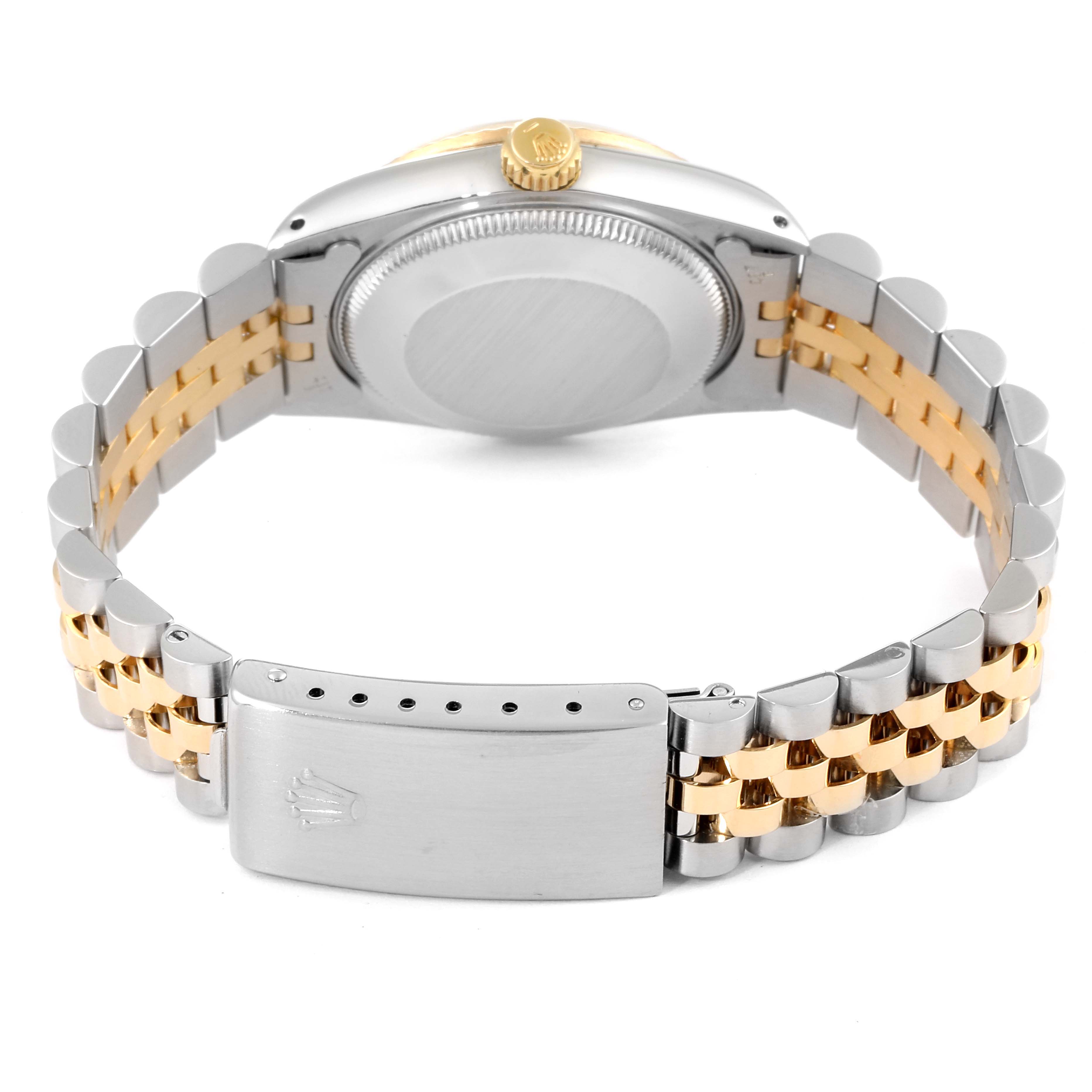 The image shows the back case and jubilee bracelet of a Rolex Datejust 68273 Women's Steel and Gold (two tone) White Dial 68273 Women's Steel and Gold (two tone) White Dial watch from a rear angle.