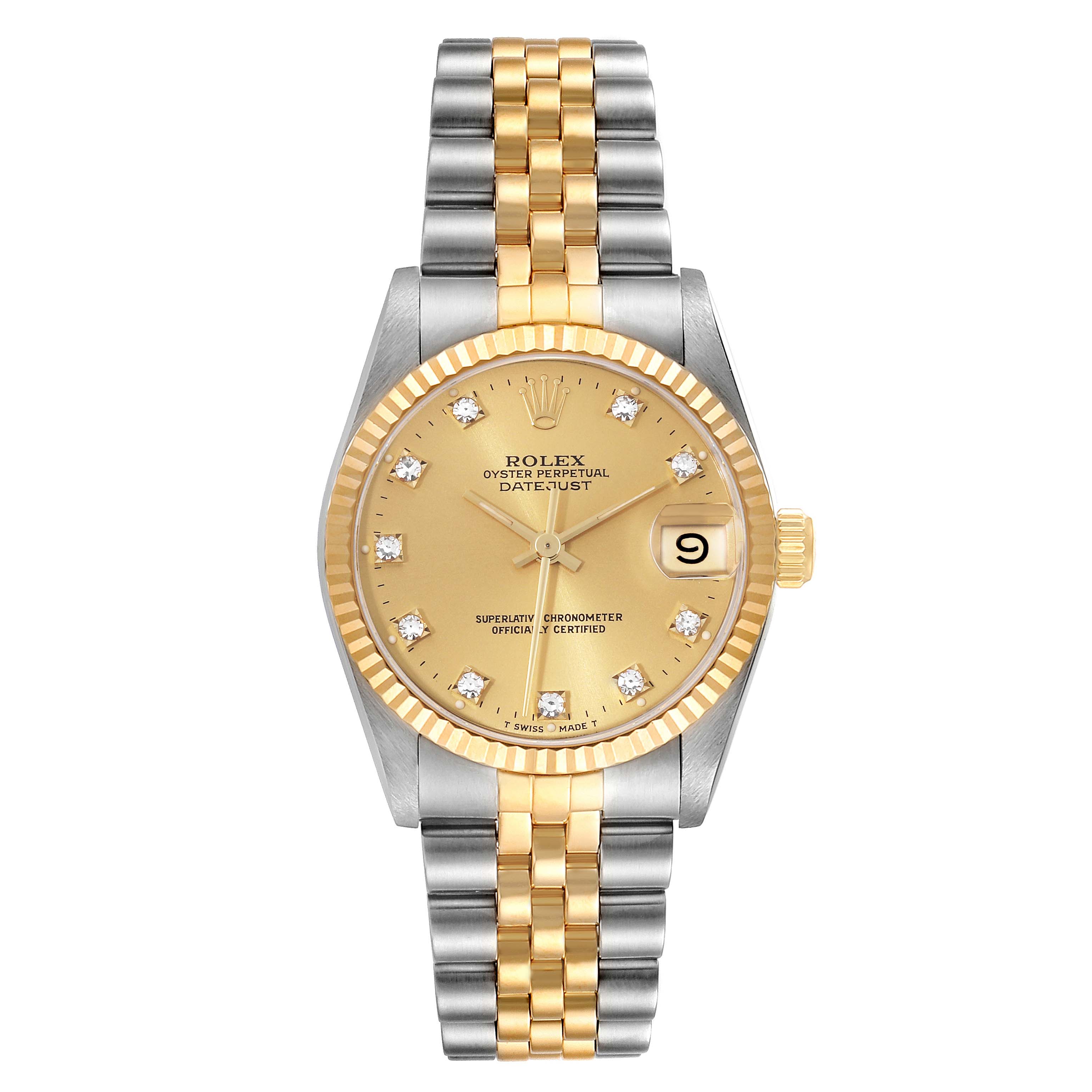 The Rolex Mid-Size 68273G Women's Steel and Gold (two tone) Champagne Dial 68273G Women's Steel and Gold (two tone) Champagne Dial Datejust watch is shown from the front, displaying its dial, bezel, and bracelet.