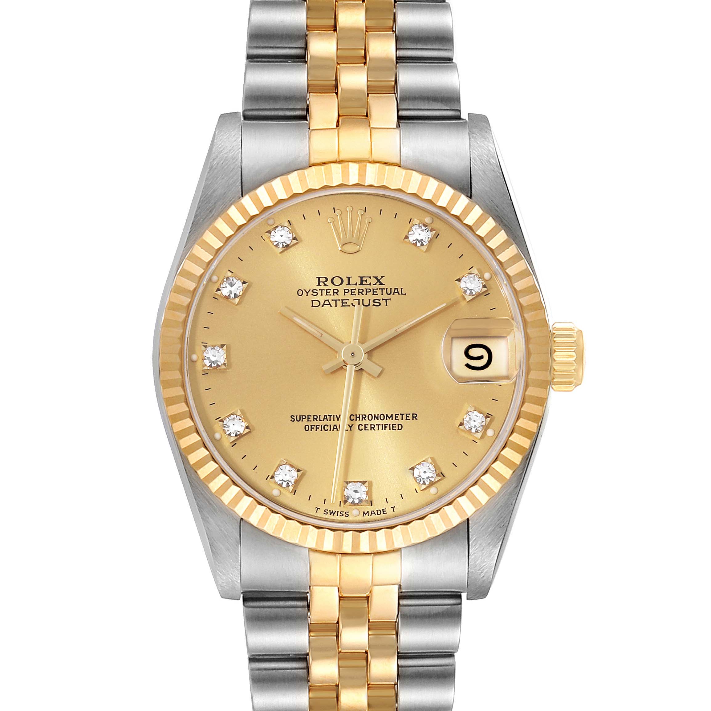 The image shows the face and band of a Mid-Size Rolex Datejust watch, featuring a gold dial and two-tone bracelet.