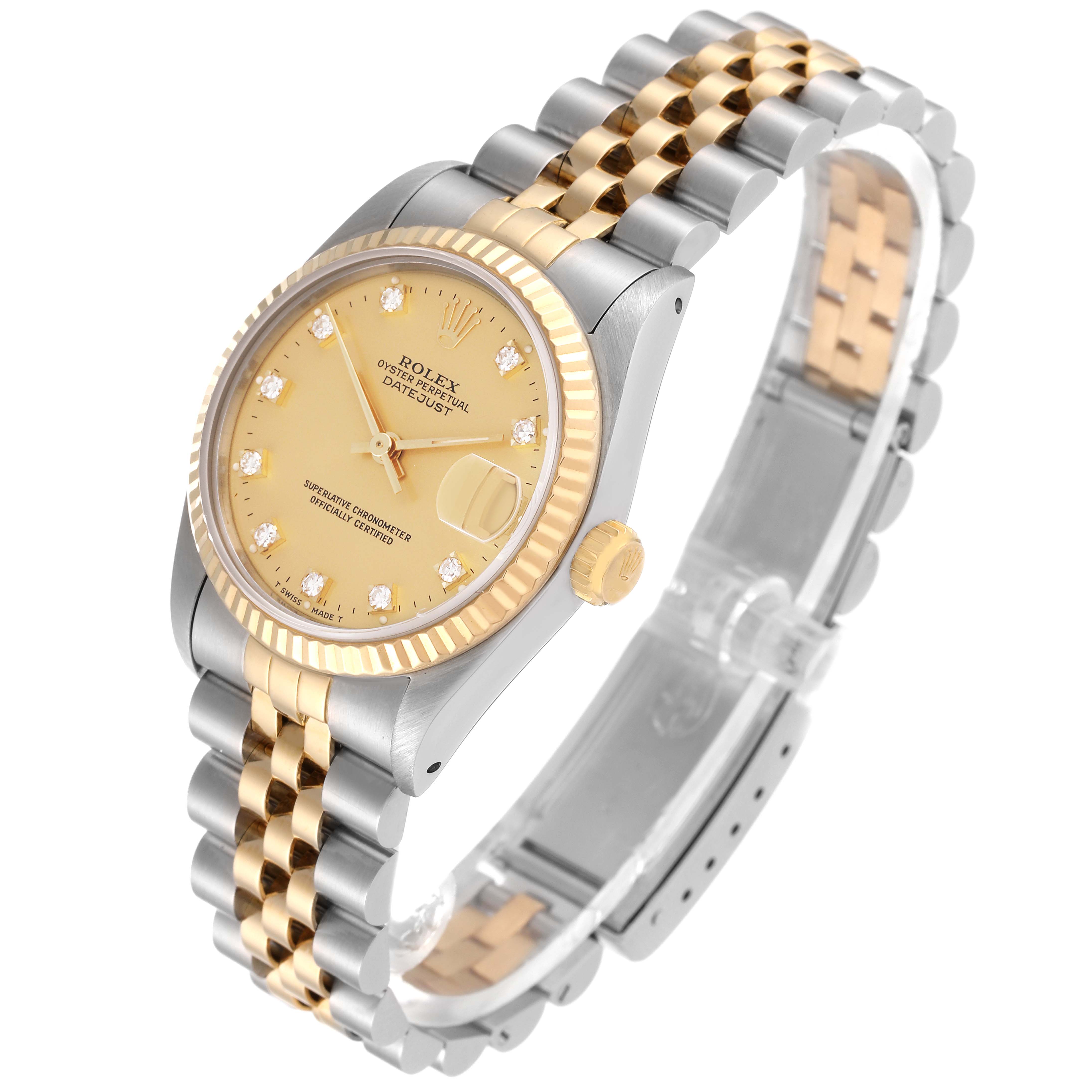 This Rolex Mid-Size 68273G Women's Steel and Gold (two tone) Champagne Dial 68273G Women's Steel and Gold (two tone) Champagne Dial Datejust is shown at a 3/4 angle, highlighting the dial, bezel, crown, and Jubilee bracelet.
