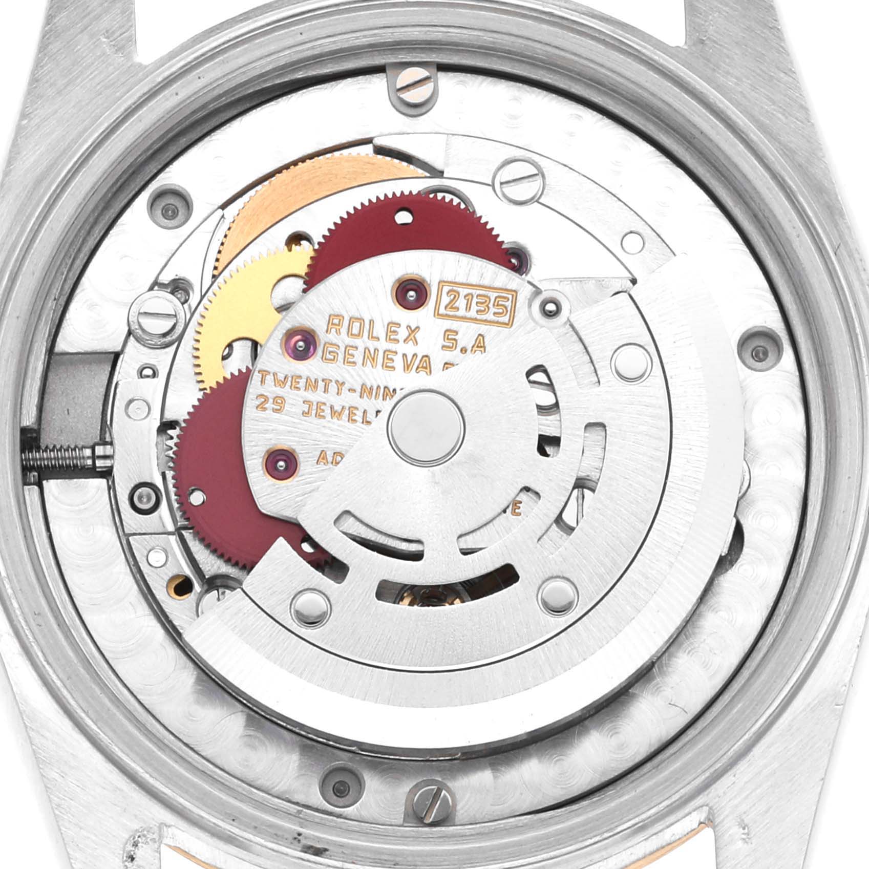 The image shows the internal mechanical movement parts of a Rolex Mid-Size 68273G Women's Steel and Gold (two tone) Champagne Dial 68273G Women's Steel and Gold (two tone) Champagne Dial watch, seen from the back.
