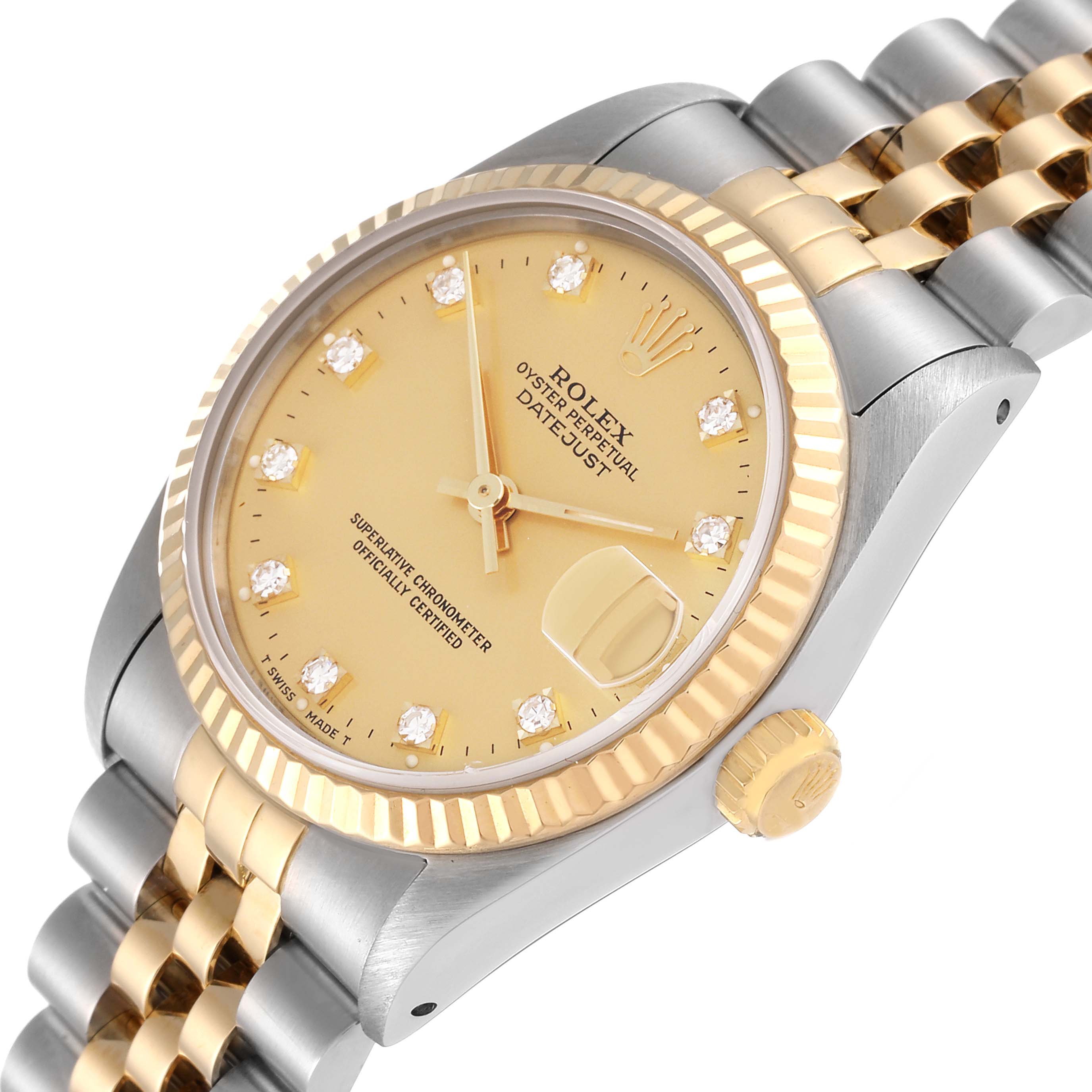 This image shows a Rolex Oyster Perpetual Datejust Mid-Size model at a three-quarter angle showcasing its dial, fluted bezel, and two-tone bracelet.