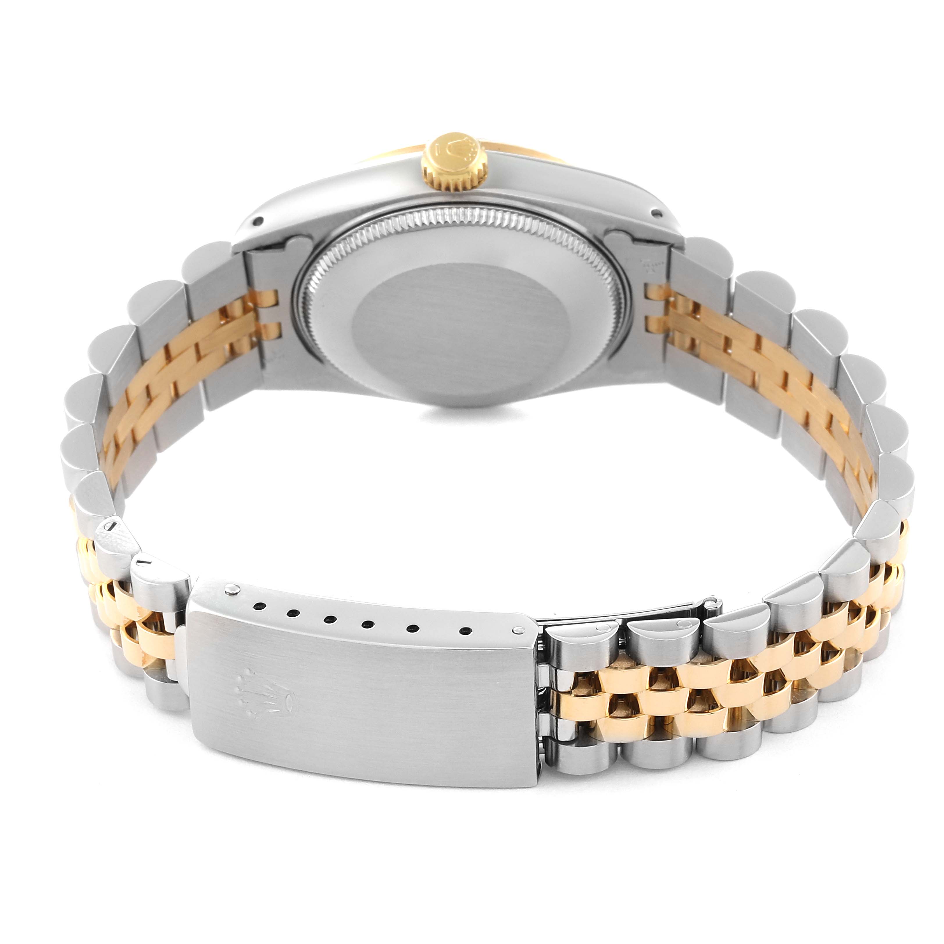 This image shows the back view of a Rolex Mid-Size 68273G Women's Steel and Gold (two tone) Champagne Dial 68273G Women's Steel and Gold (two tone) Champagne Dial model watch, highlighting the case back, crown, and the two-tone bracelet.