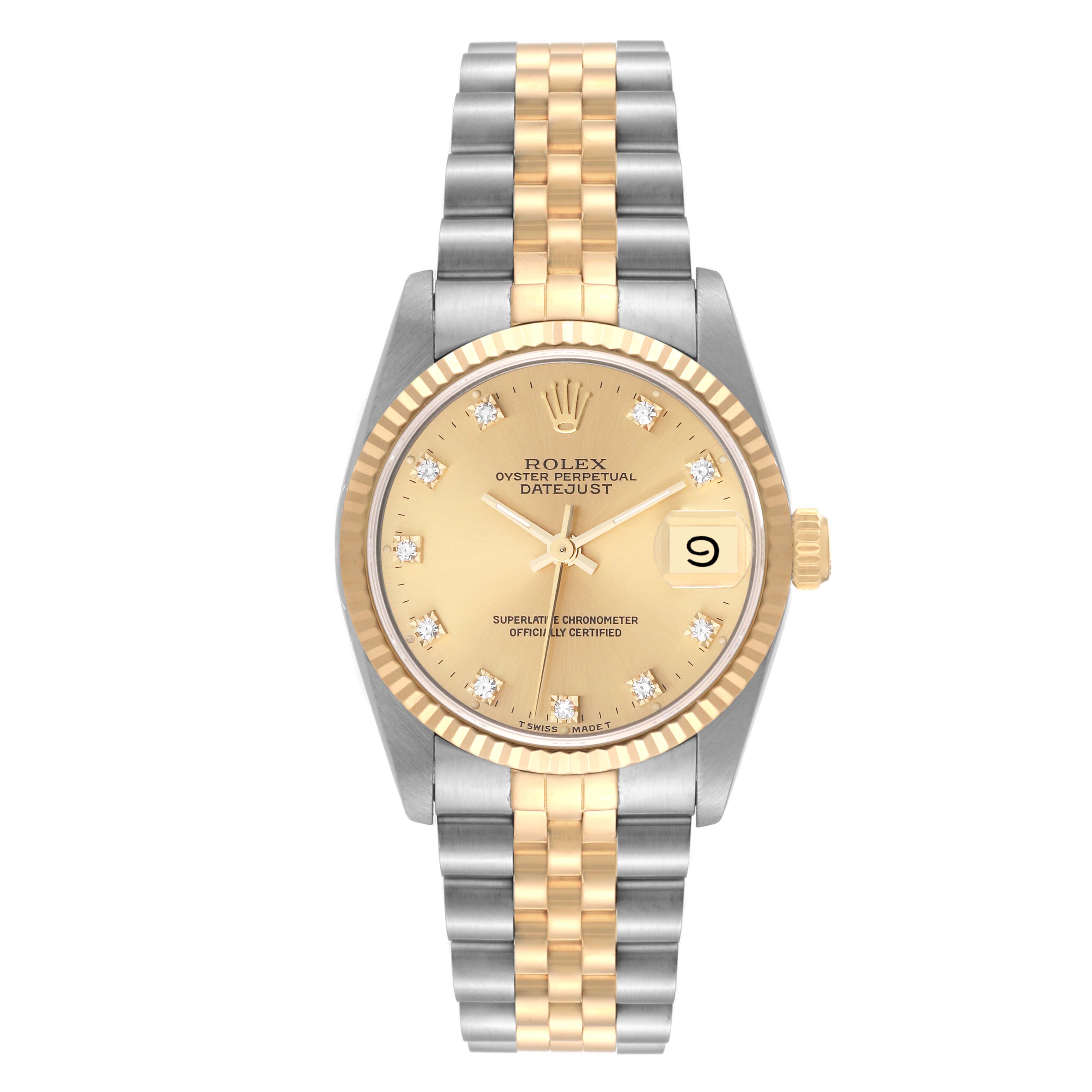 This is a front view of a Rolex Oyster Perpetual Datejust Mid-Size watch, showcasing the dial, bezel, and bracelet.