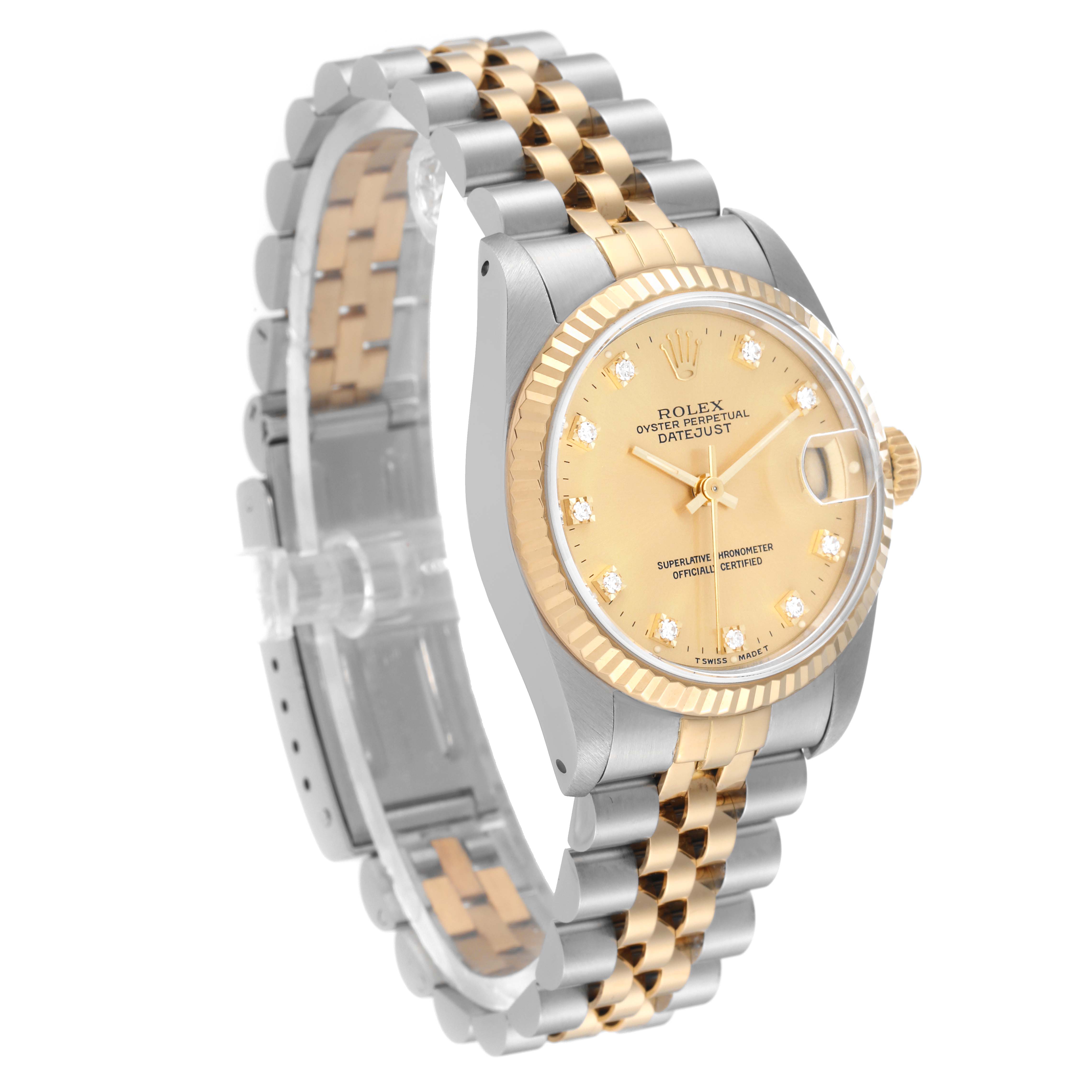 The image shows a Rolex Mid-Size 68273G Women's Steel and Gold (two tone) Champagne Dial 68273G Women's Steel and Gold (two tone) Champagne Dial Datejust watch from an angled side view, highlighting the face, bezel, and bracelet.