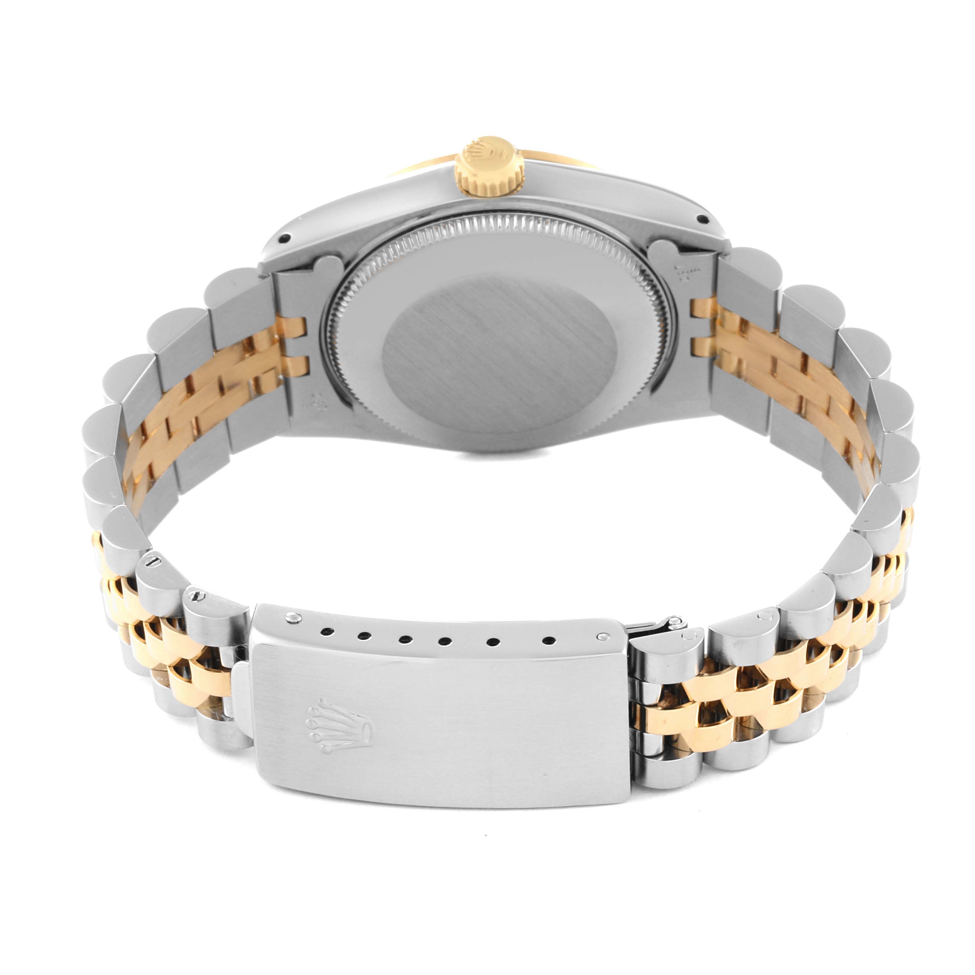 The image shows the back view of a Rolex Mid-Size 68273G Women's Steel and Gold (two tone) Champagne Dial 68273G Women's Steel and Gold (two tone) Champagne Dial watch, including the case back, crown, and two-tone bracelet with clasp.