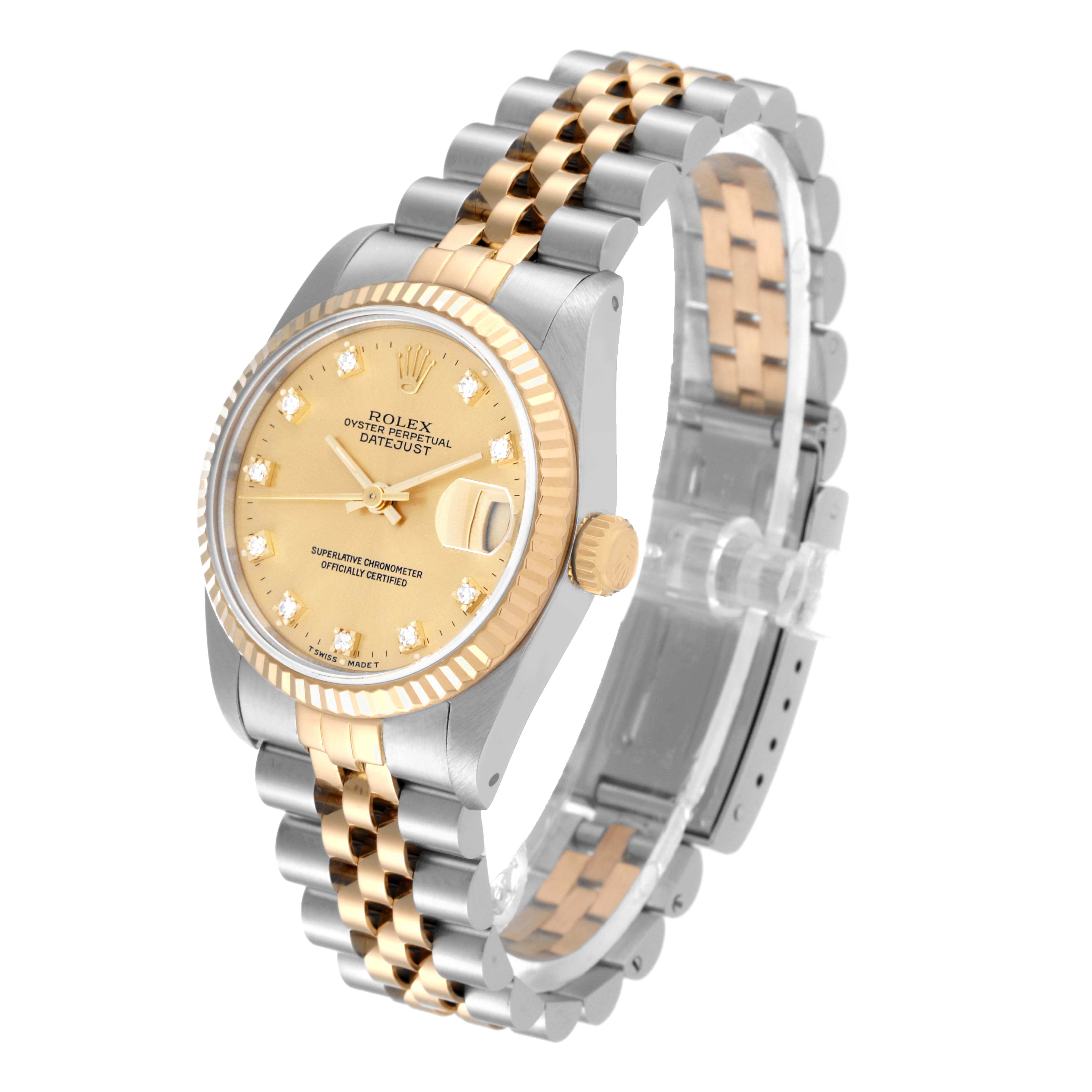 The Rolex Mid-Size 68273G Women's Steel and Gold (two tone) Champagne Dial 68273G Women's Steel and Gold (two tone) Champagne Dial Datejust watch is shown at a three-quarter angle, highlighting the dial, bracelet, and crown.