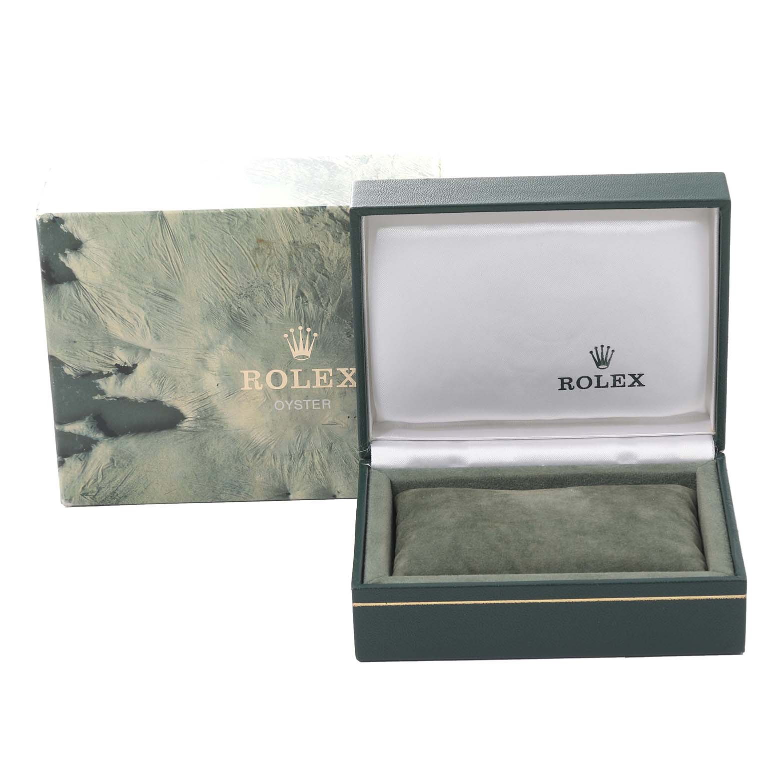The image shows the packaging and presentation box of a Rolex Mid-Size 68273G Women's Steel and Gold (two tone) Champagne Dial 68273G Women's Steel and Gold (two tone) Champagne Dial watch, with the box open and a pillow for the watch.