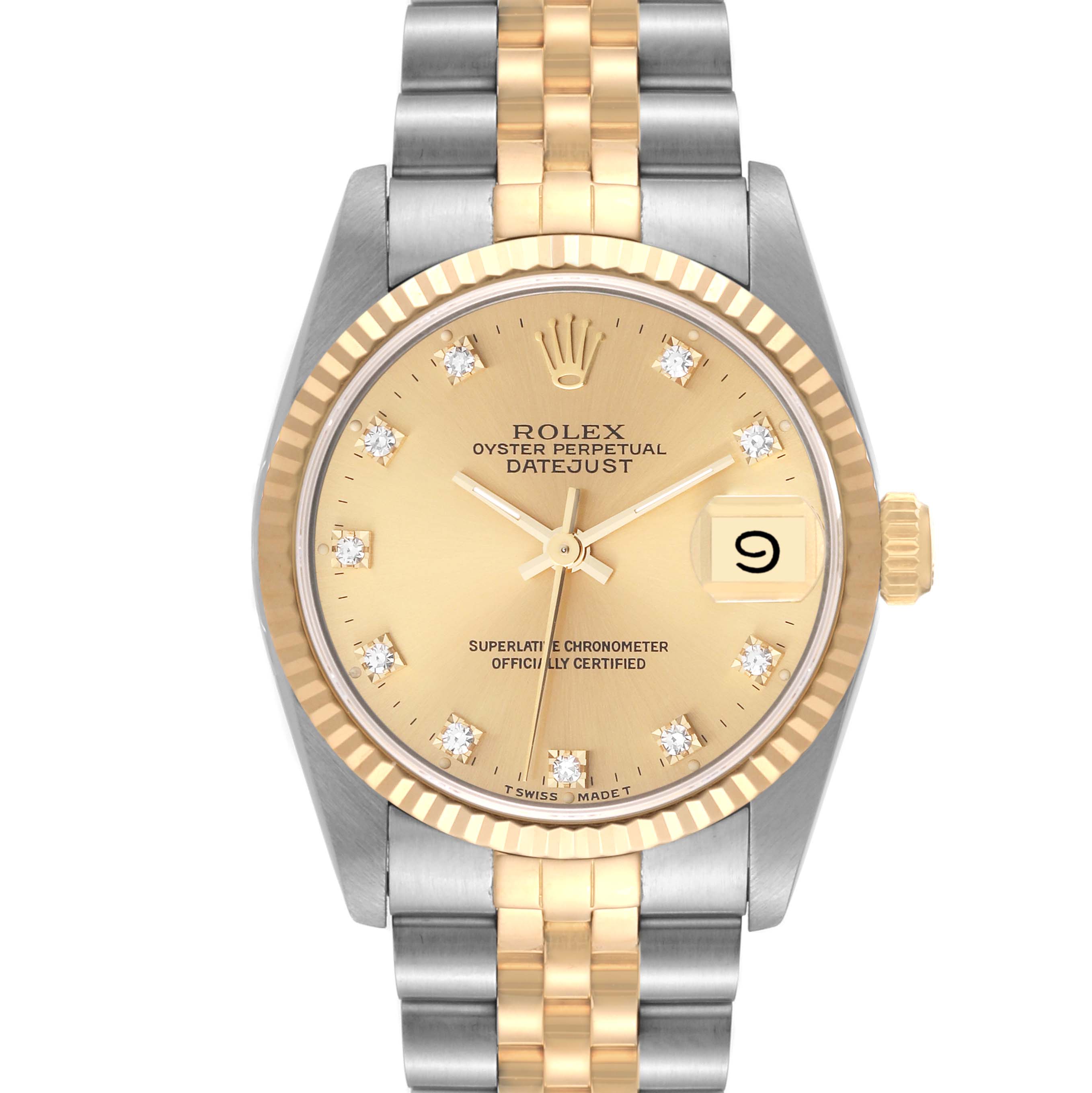 This is a front-facing view of a Rolex Oyster Perpetual Datejust Mid-Size watch, showcasing the dial, bezel, and bracelet.