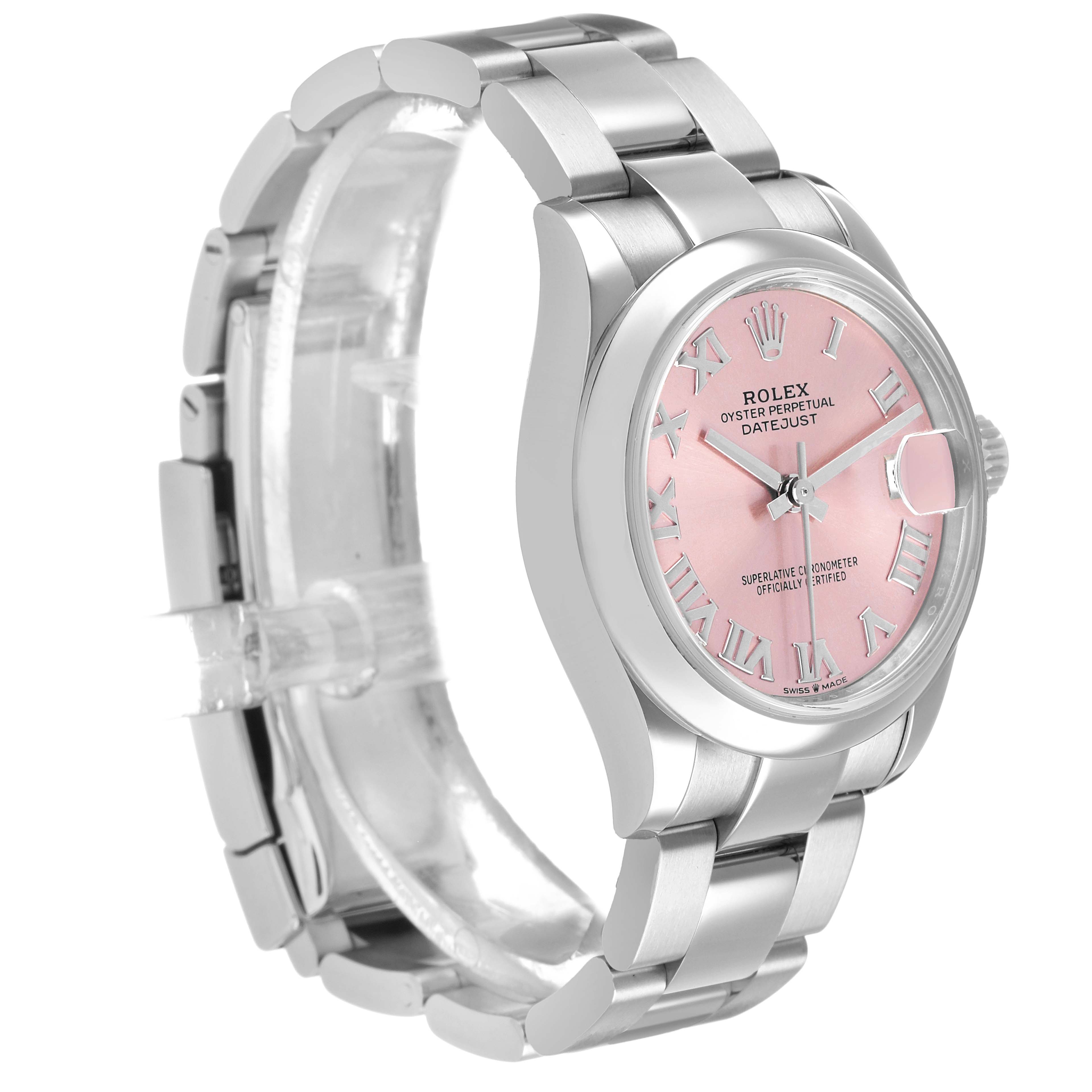 The Rolex Datejust 278240 Women's Stainless Steel Pink Dial watch is shown at a slight angle, highlighting its pink dial, Roman numerals, and stainless steel bracelet.