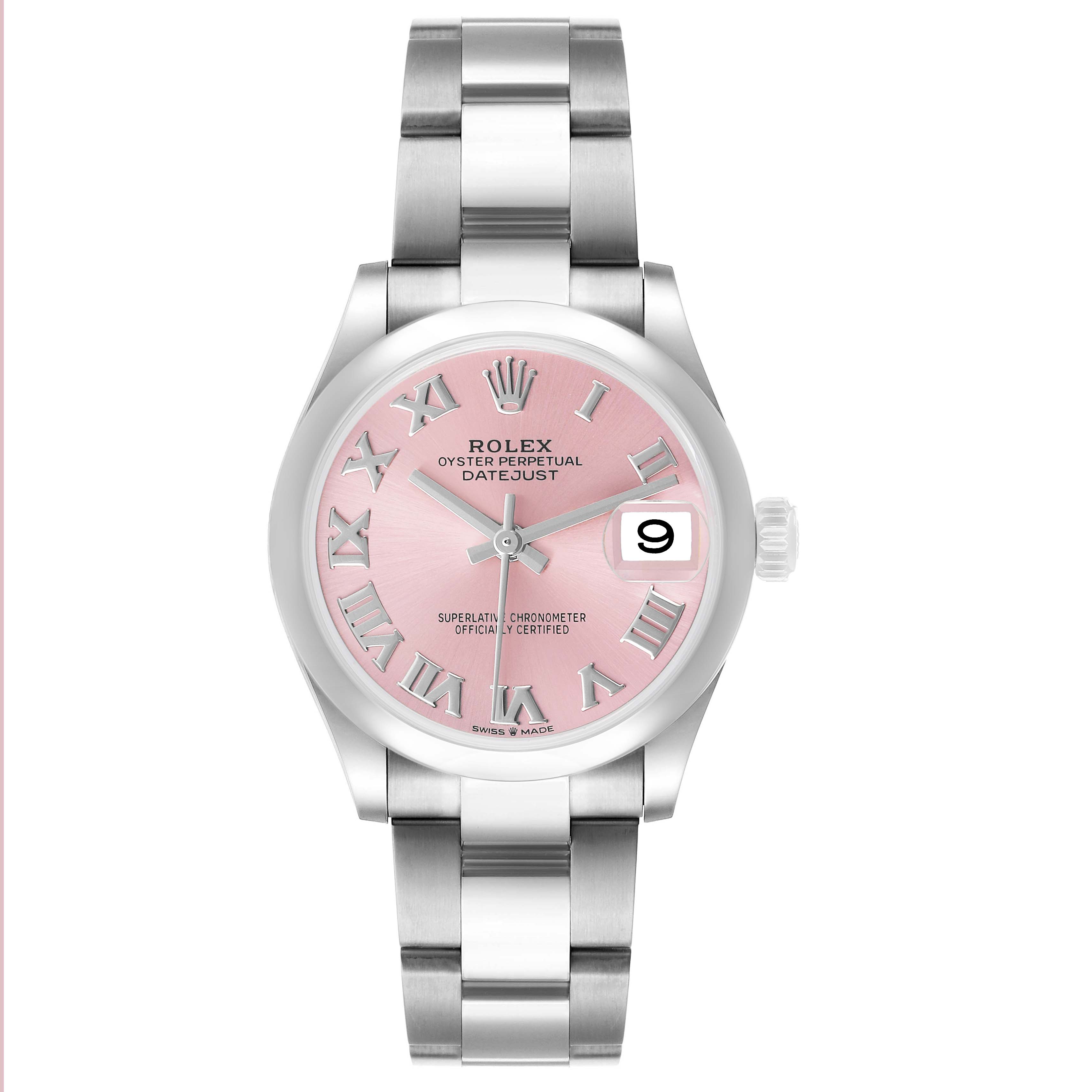 The Rolex Datejust 278240 Women's Stainless Steel Pink Dial watch is shown from the front, highlighting the pink dial, Roman numerals, bracelet, and date.
