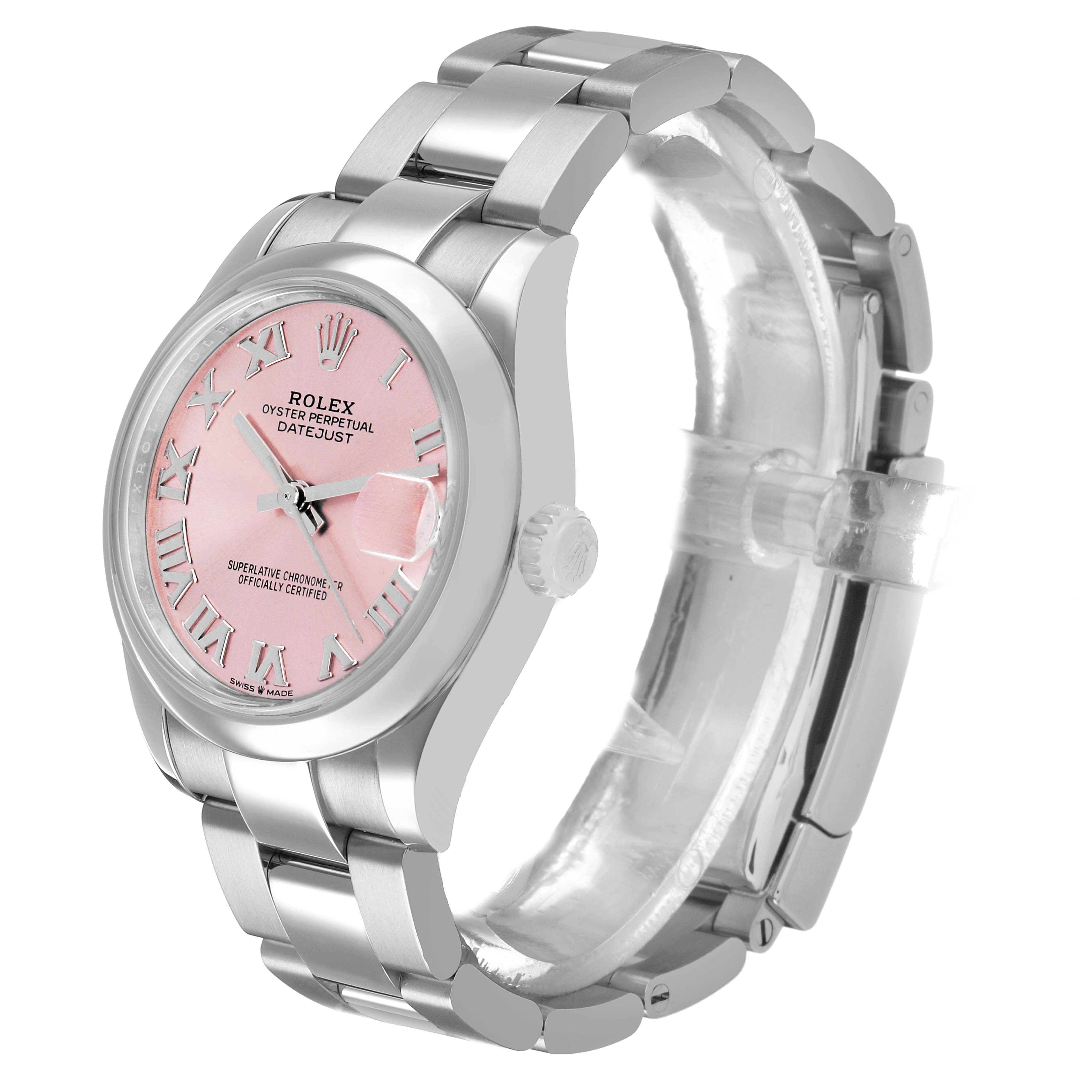 The Rolex Datejust 278240 Women's Stainless Steel Pink Dial watch is shown at a three-quarter angle, highlighting the pink dial, crown, and bracelet.
