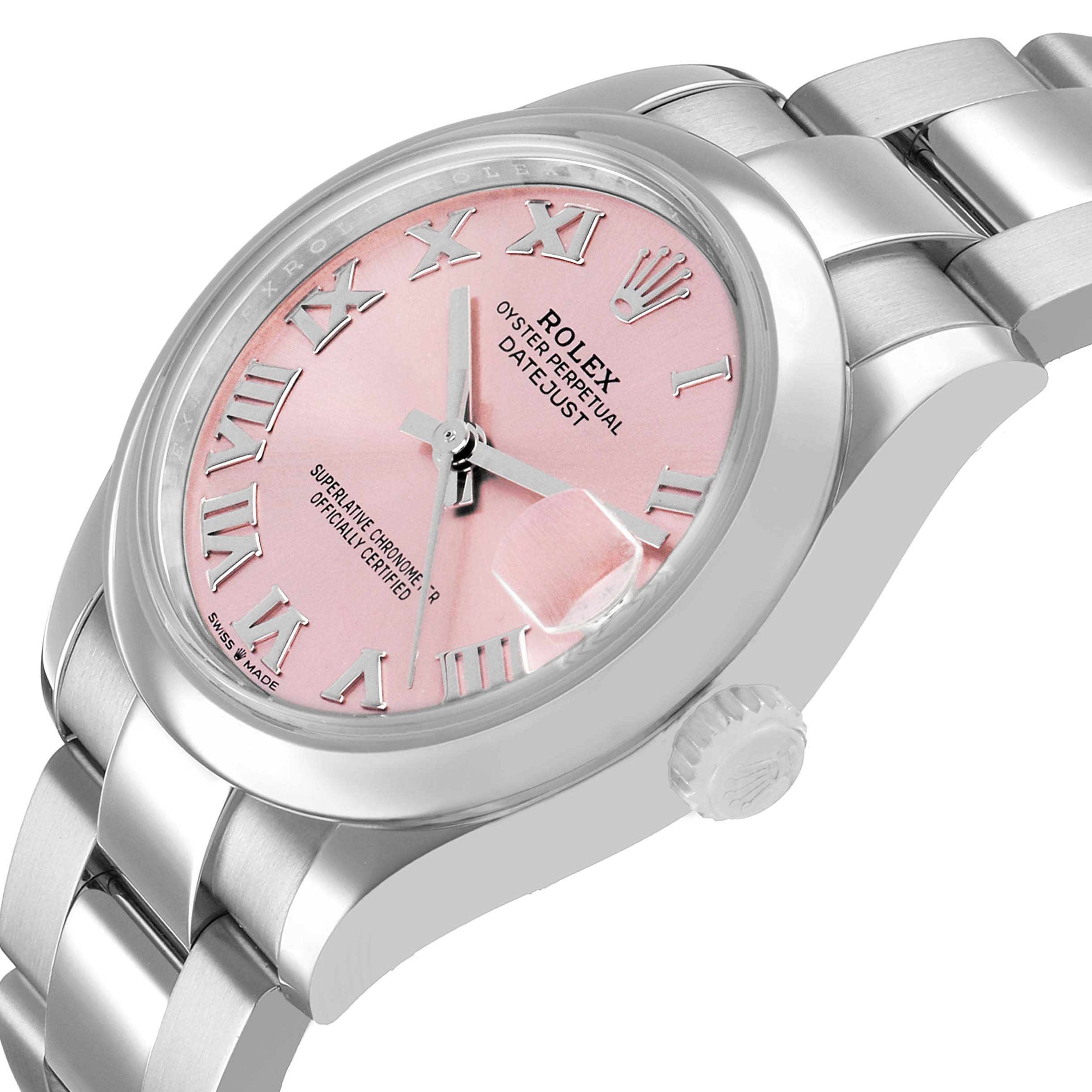 The Rolex Datejust 278240 Women's Stainless Steel Pink Dial watch is shown at an angle highlighting the pink dial, Roman numerals, bezel, and part of the bracelet.