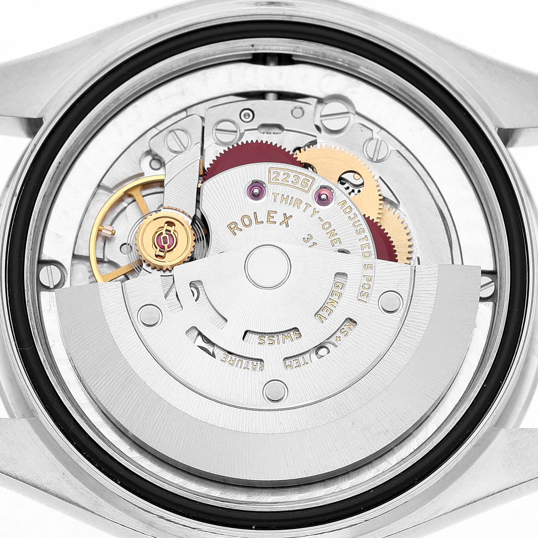 The image shows the movement of a Rolex Datejust 278240 Women's Stainless Steel Pink Dial watch from a top-down angle.