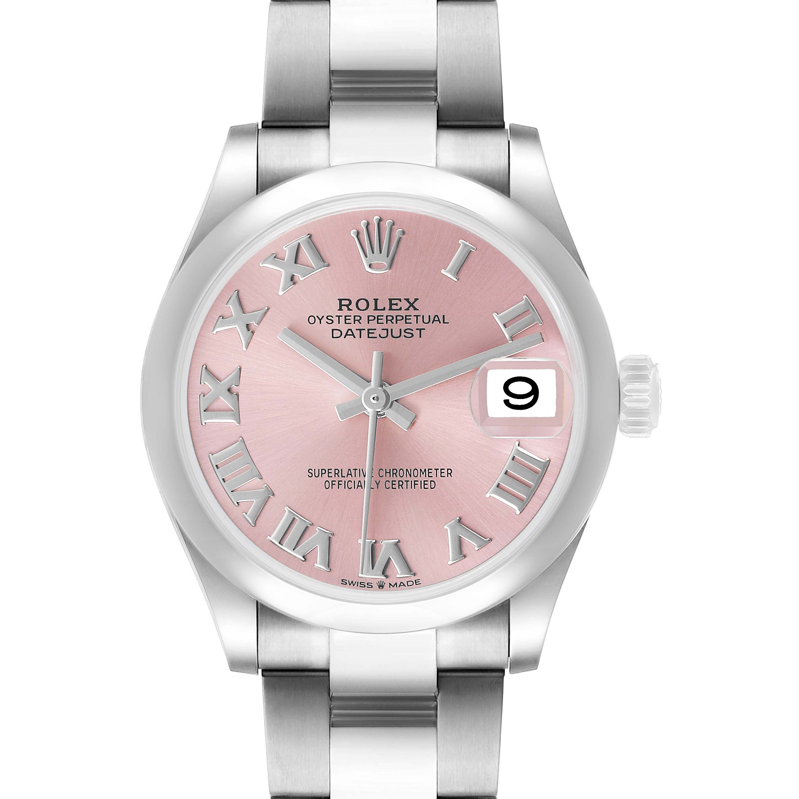 The Rolex Datejust 278240 Women's Stainless Steel Pink Dial watch is shown from a front angle, highlighting its pink dial, Roman numerals, and date feature.