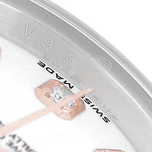 The image shows a close-up of the Rolex Datejust 179171 Women's Steel and Gold (two tone) White Dial's dial, focusing on the diamond hour markers and the "Swiss Made" text.