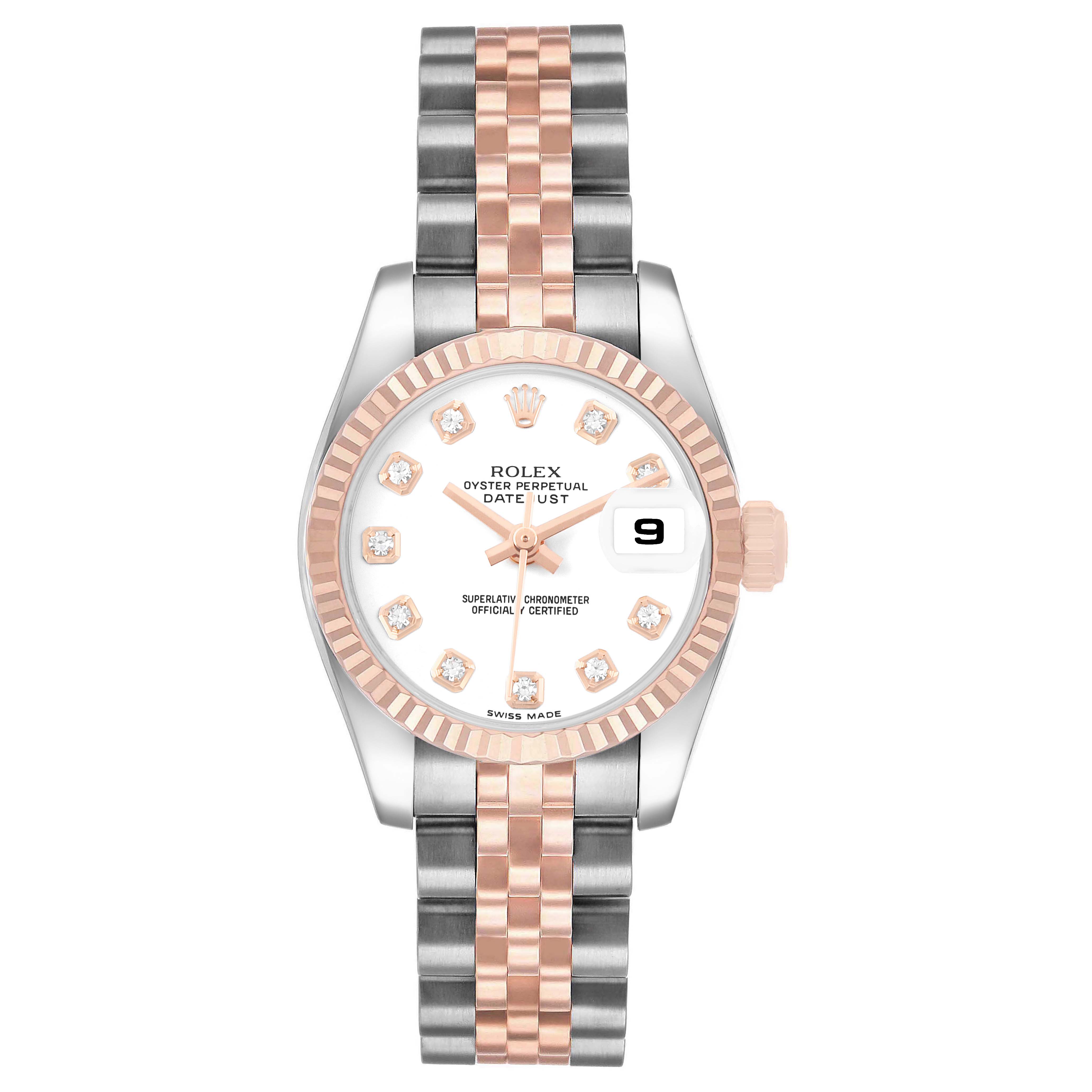 The Rolex Datejust 179171 Women's Steel and Gold (two tone) White Dial watch is shown from the front, displaying the face, bezel, and bracelet.