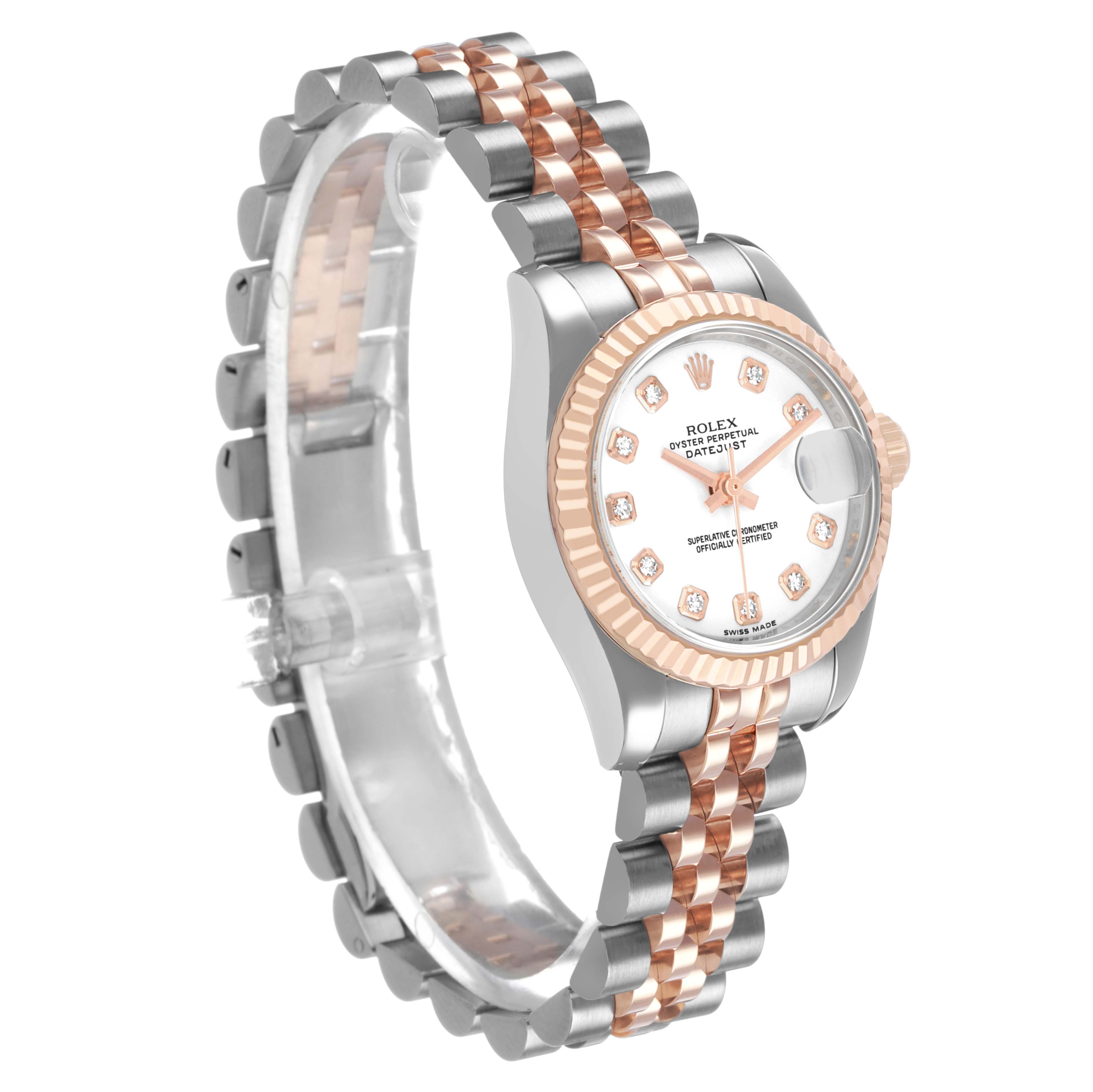 The Rolex Datejust 179171 Women's Steel and Gold (two tone) White Dial watch is shown at a three-quarter angle, highlighting the face, bracelet, and bezel.