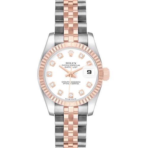 The Rolex Datejust 179171 Women's Steel and Gold (two tone) White Dial watch is shown from a front angle, displaying its face, bezel, and bracelet.