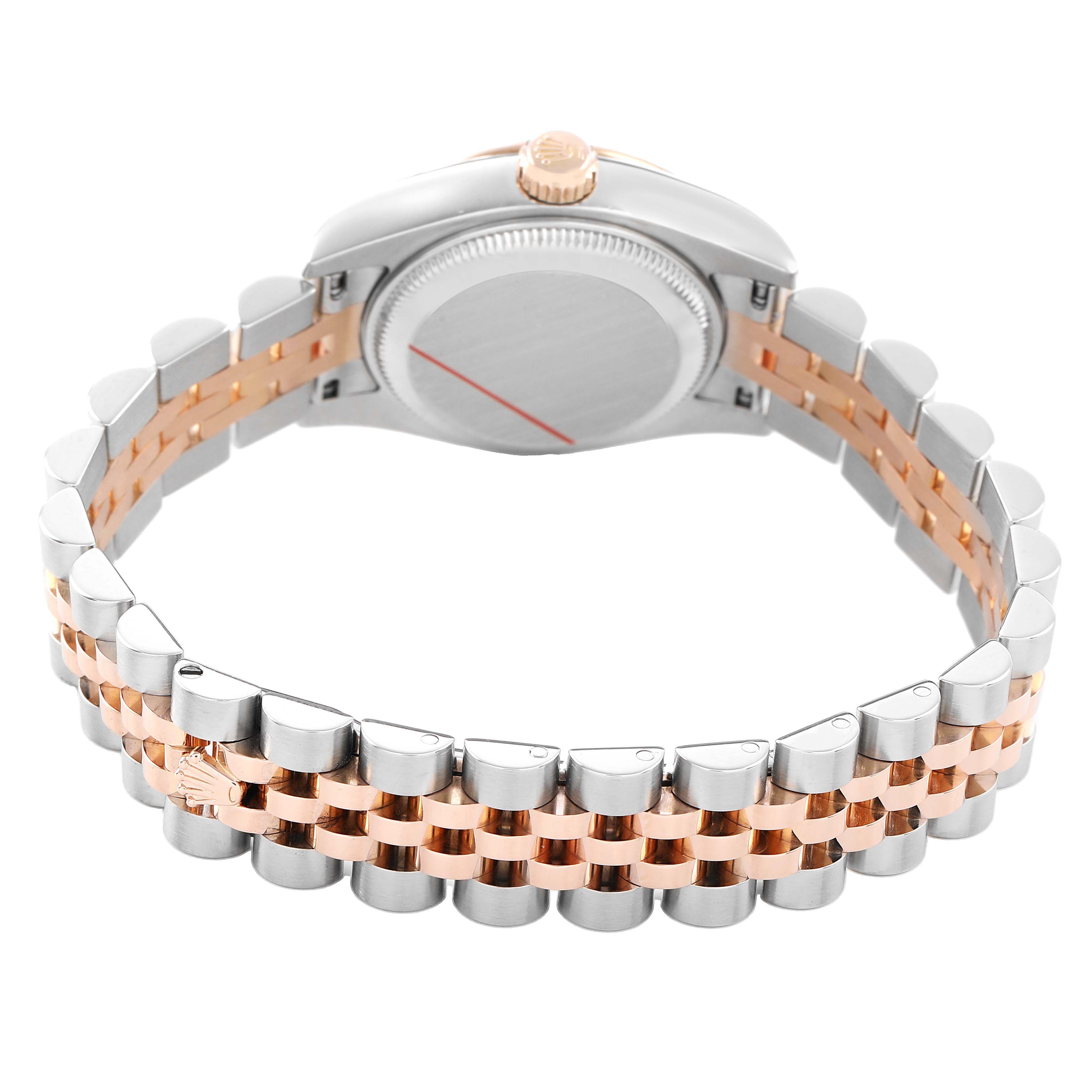 The image shows the back and bracelet of a Rolex Datejust 179171 Women's Steel and Gold (two tone) White Dial, highlighting the case back and two-tone Jubilee bracelet.