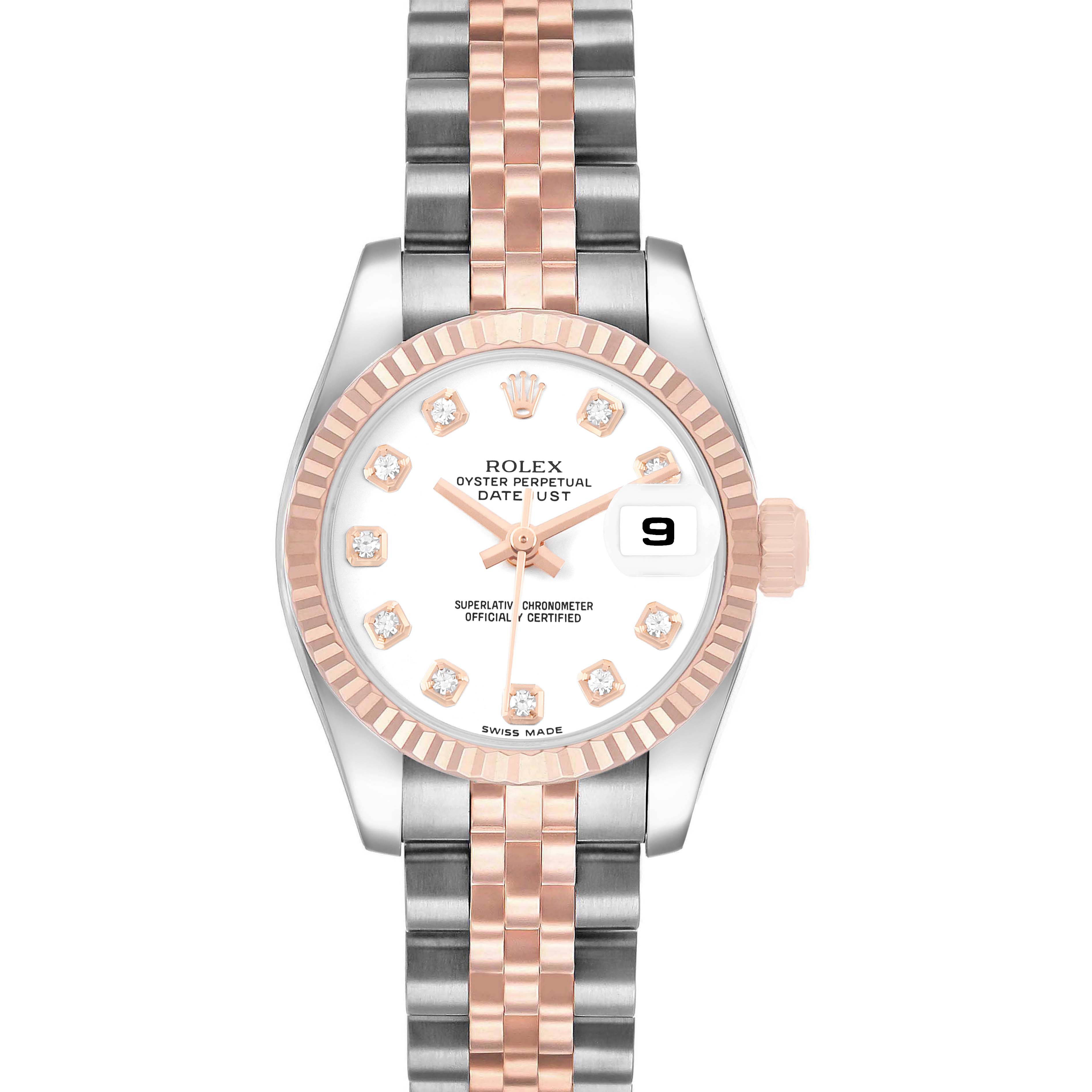 The Rolex Datejust 179171 Women's Steel and Gold (two tone) White Dial watch is shown from the front, displaying its dial, bezel, crown, and bracelet.