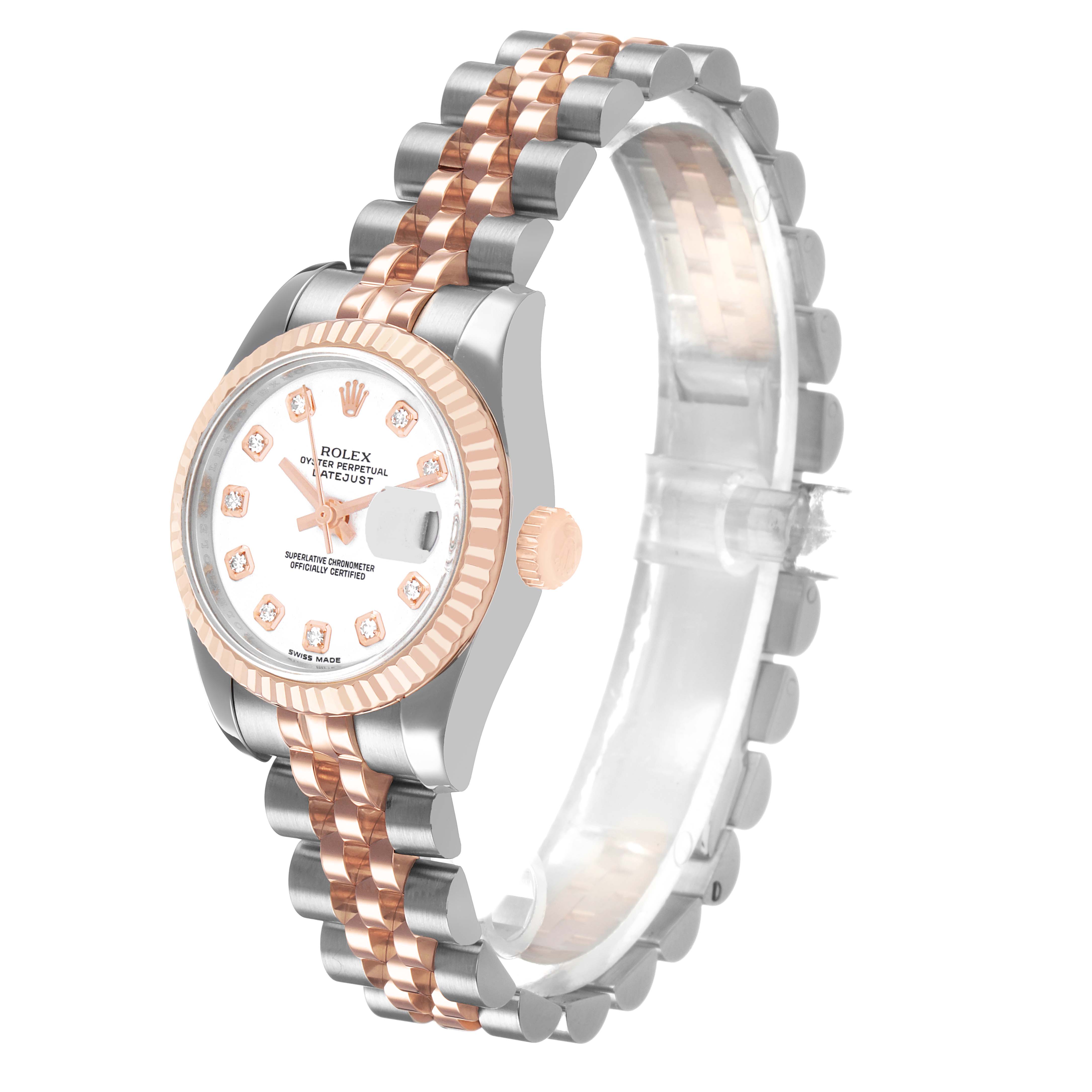 The Rolex Datejust 179171 Women's Steel and Gold (two tone) White Dial is shown from a slightly angled side view, displaying the face, bezel, crown, and Jubilee bracelet.