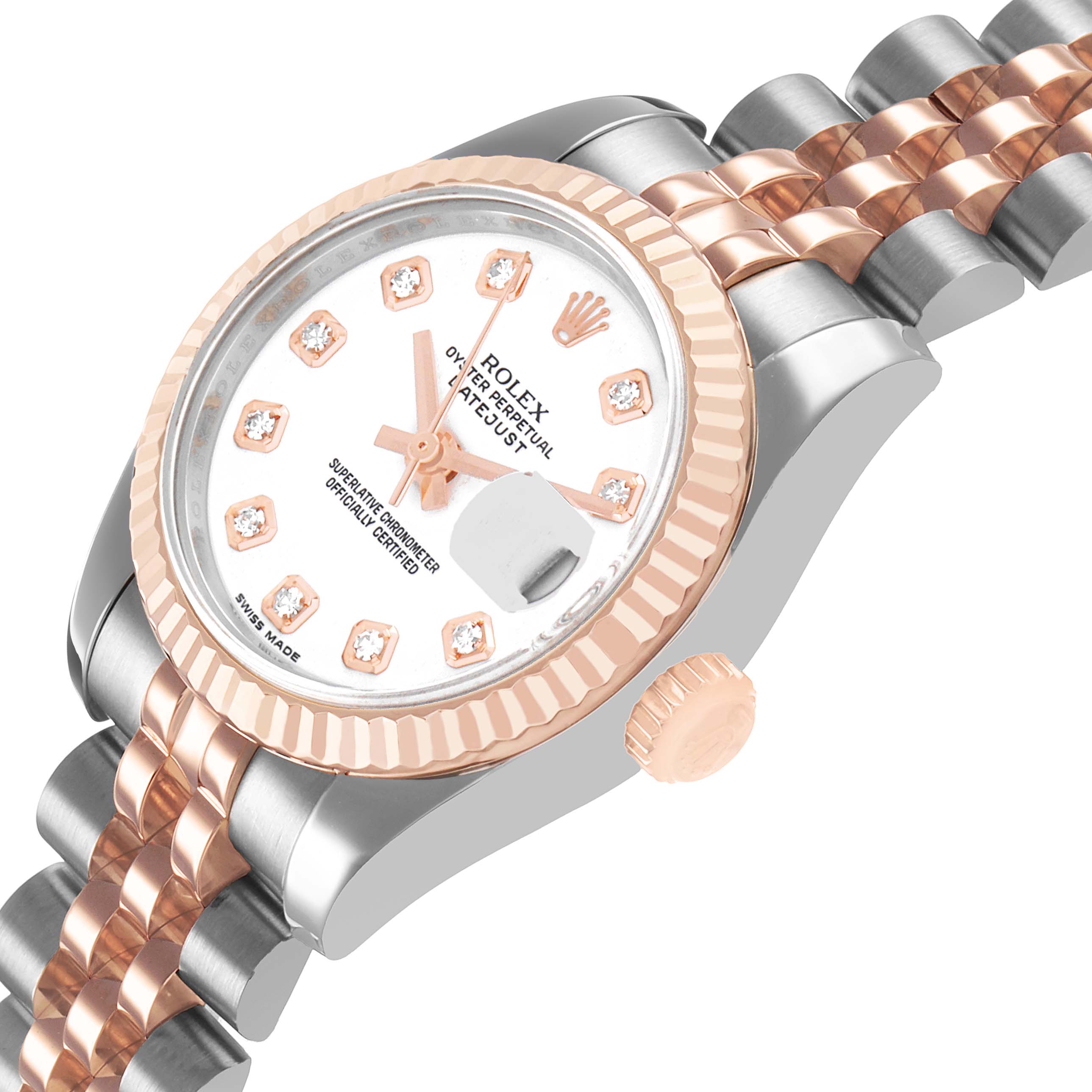 The Rolex Datejust 179171 Women's Steel and Gold (two tone) White Dial watch is shown at an angle highlighting the dial, bezel, crown, and part of the jubilee bracelet.