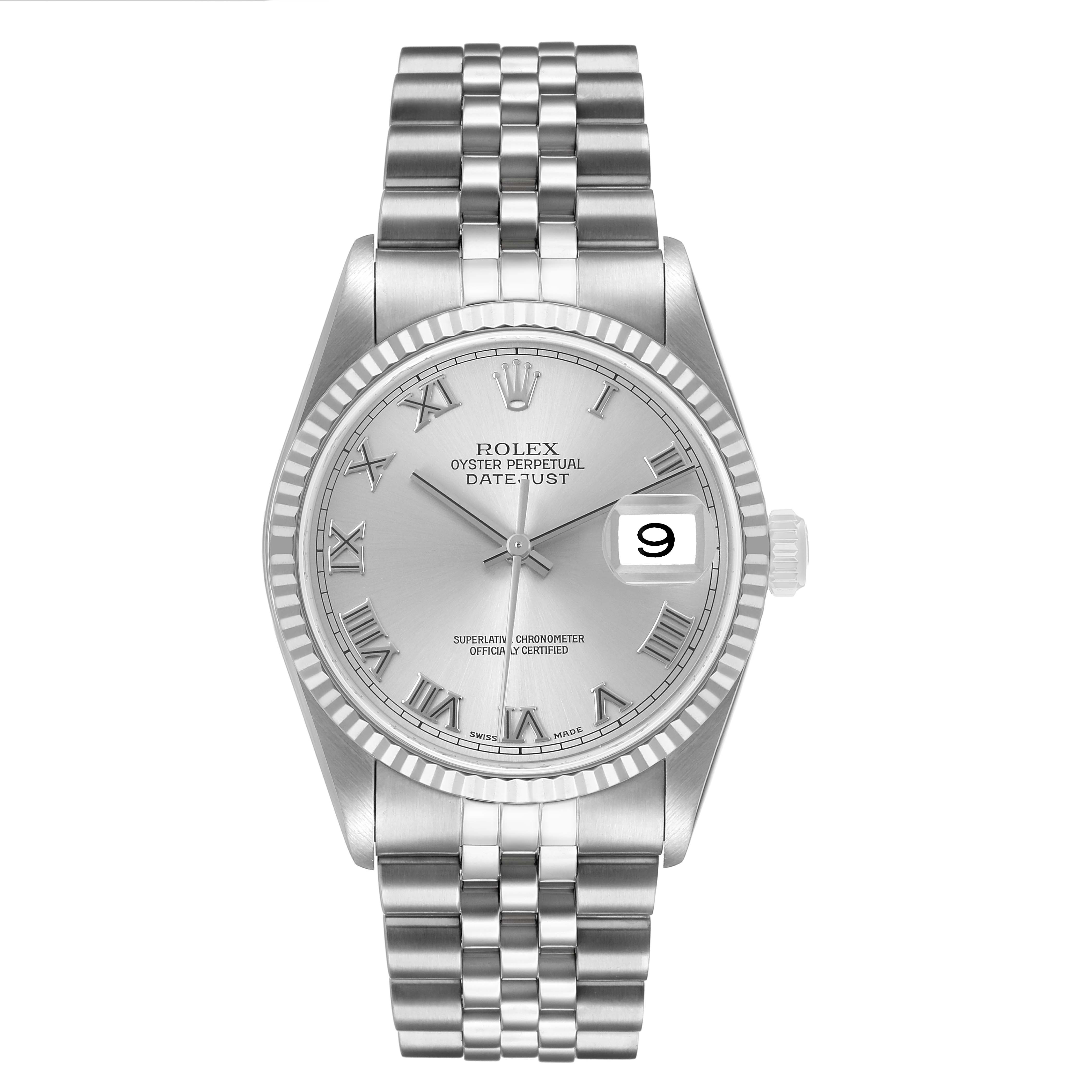 The Rolex Datejust 16234 Men's Stainless Steel Silver Dial watch is shown from a front-facing angle, displaying the dial, bezel, and bracelet.