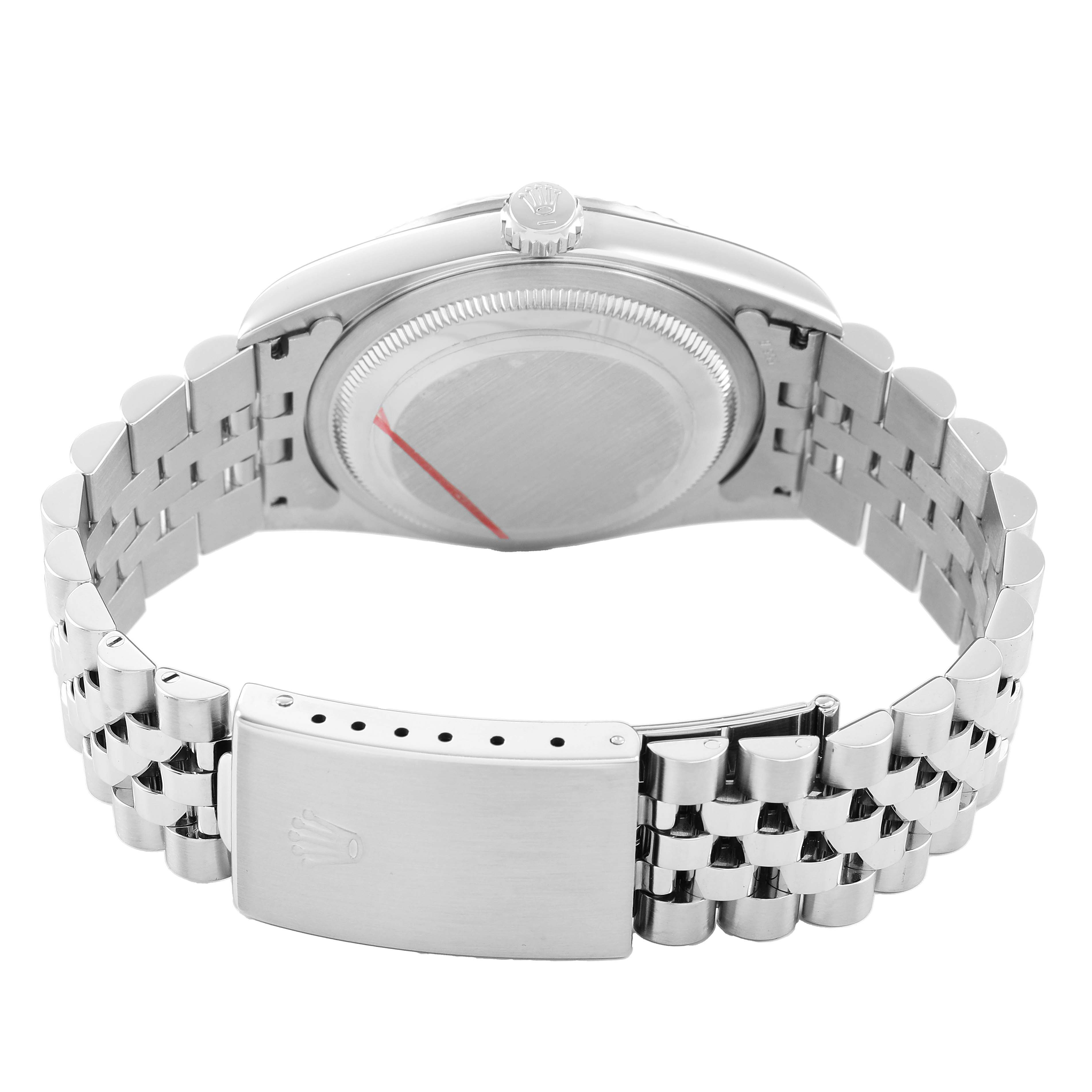 The image shows the back of a Rolex Datejust 16234 Men's Stainless Steel Silver Dial watch, highlighting the case back, crown, and metal bracelet with clasp.