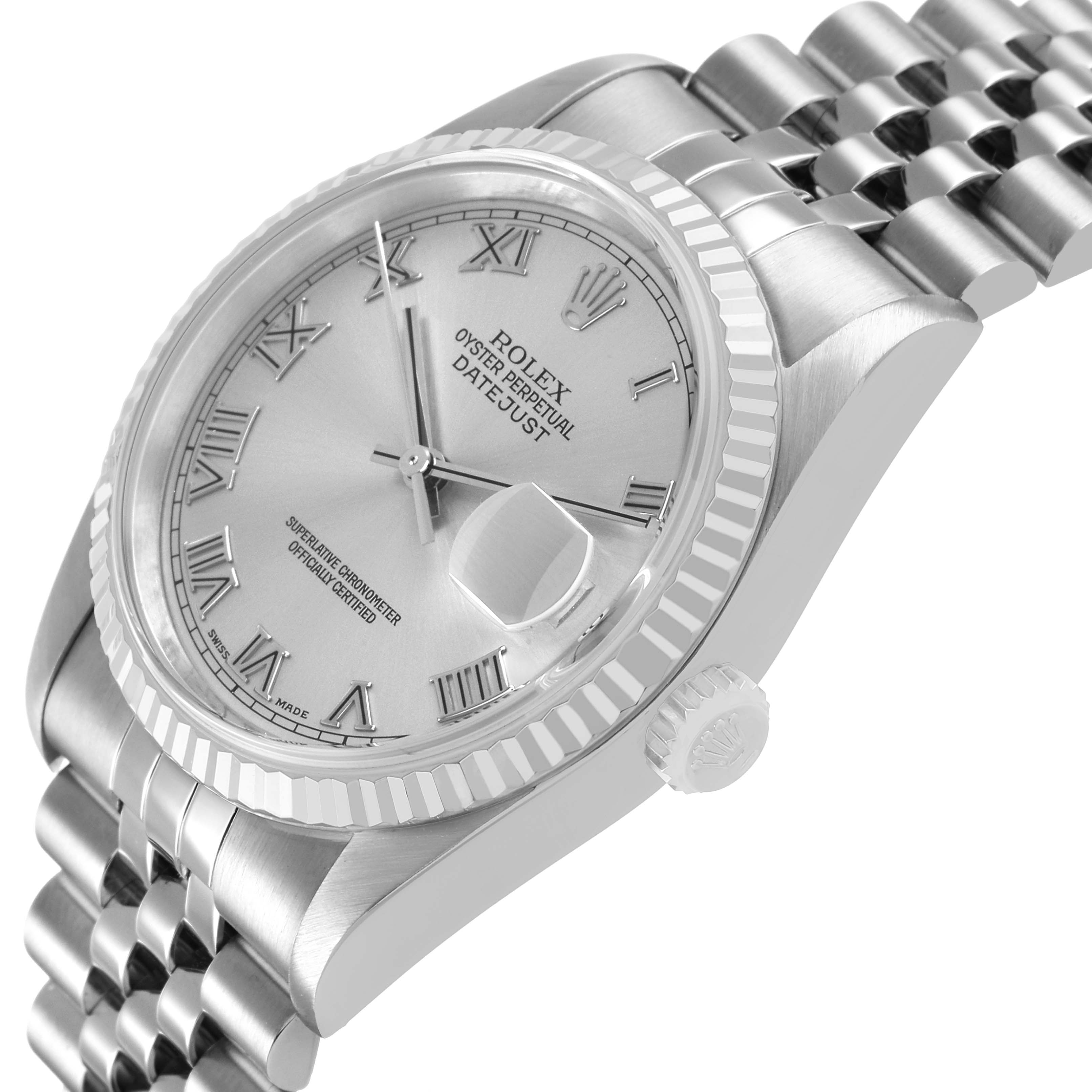 The Rolex Datejust 16234 Men's Stainless Steel Silver Dial watch is angled to show the face, bezel, crown, and part of the jubilee bracelet.