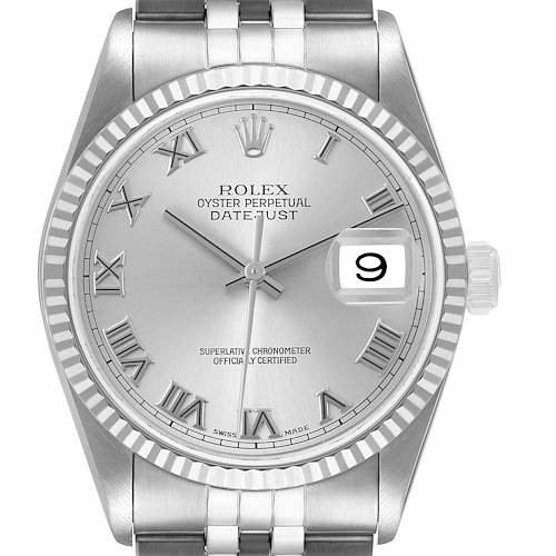 The Rolex Datejust 16234 Men's Stainless Steel Silver Dial watch is shown from the front, highlighting the dial, bezel, and part of the bracelet.