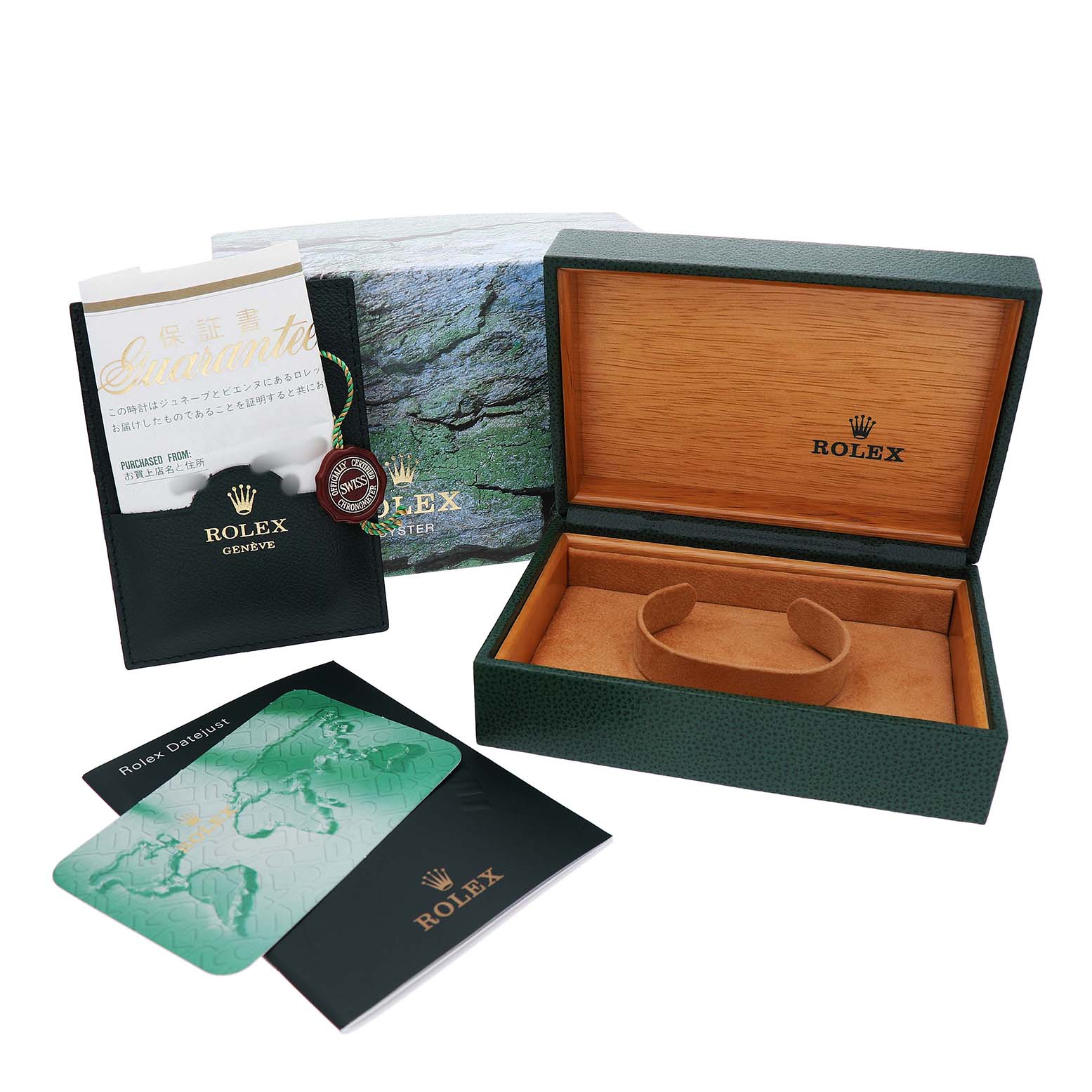 The image shows a Rolex Datejust 16234 Men's Stainless Steel Silver Dial box, warranty card, manual, and certificate holder from a top angle.