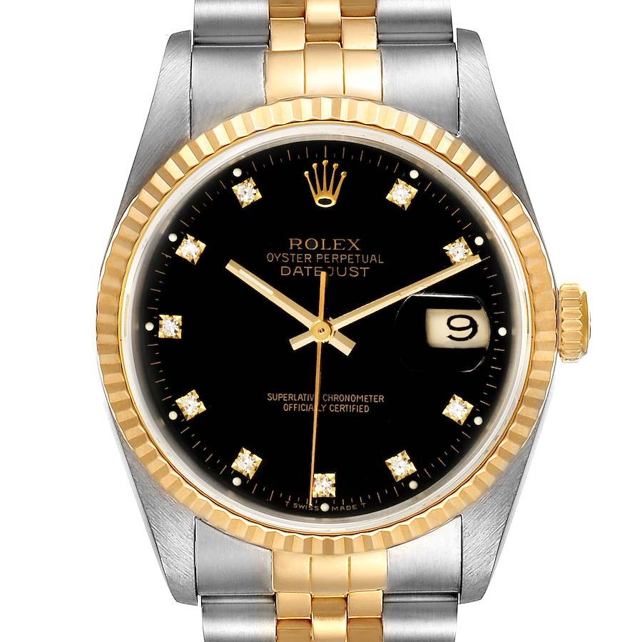 Rolex Datejust Steel Yellow Gold Black Diamond Mens Watch 16233 SwissWatchExpo