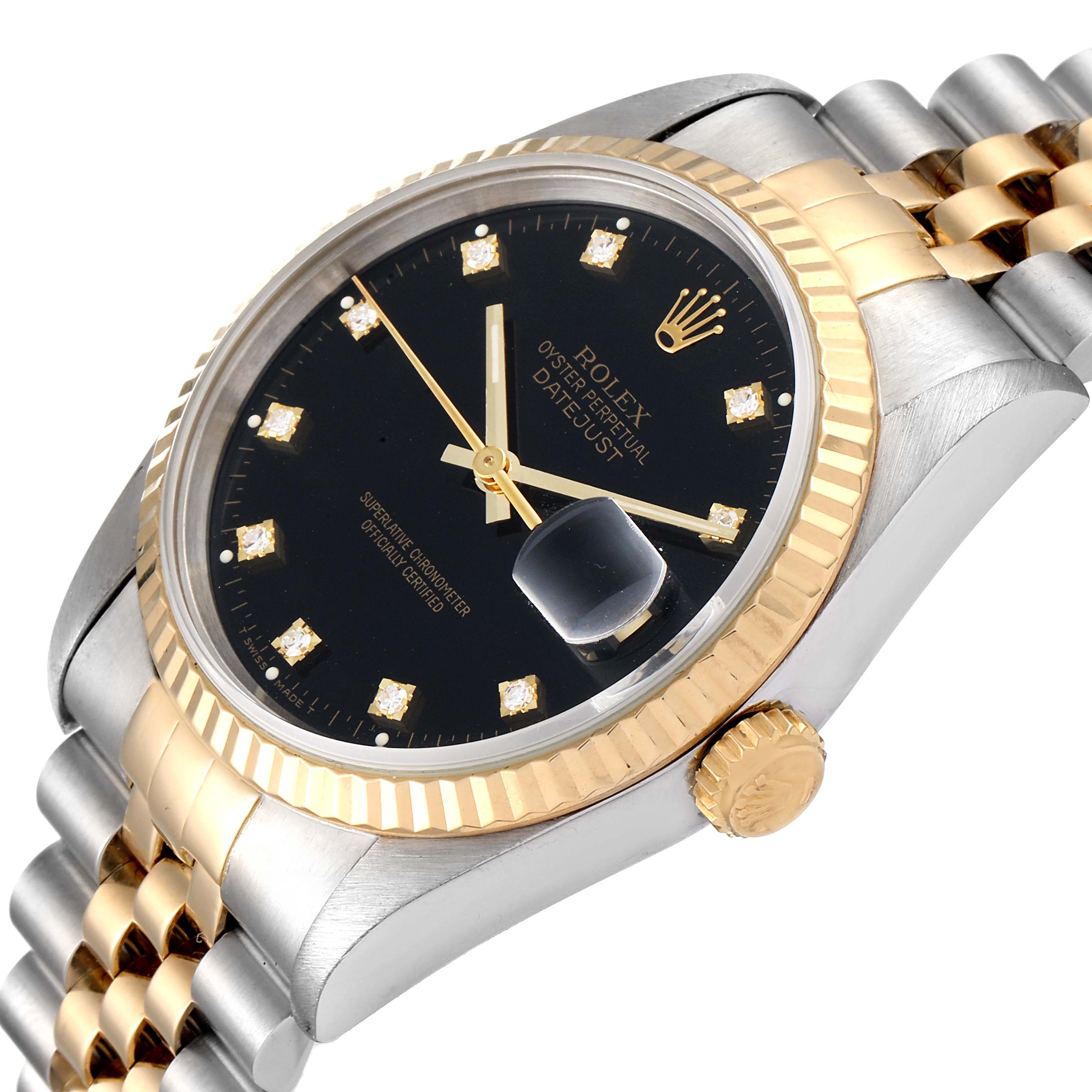 The Rolex Datejust 16233 Men's Steel and Gold (two tone) Black Dial 16233 Men's Steel and Gold (two tone) Black Dial watch is shown at an angled side view, displaying the crown, bezel, dial, and jubilee bracelet.