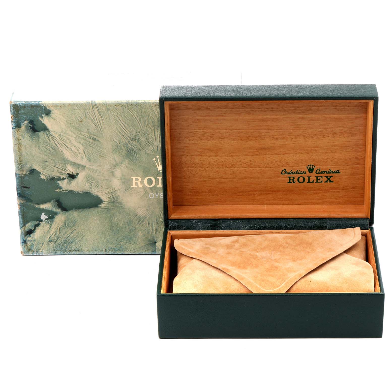 The image shows an open wooden Rolex box with a sleeve inside, for the Datejust model, and its accompanying outer packaging.