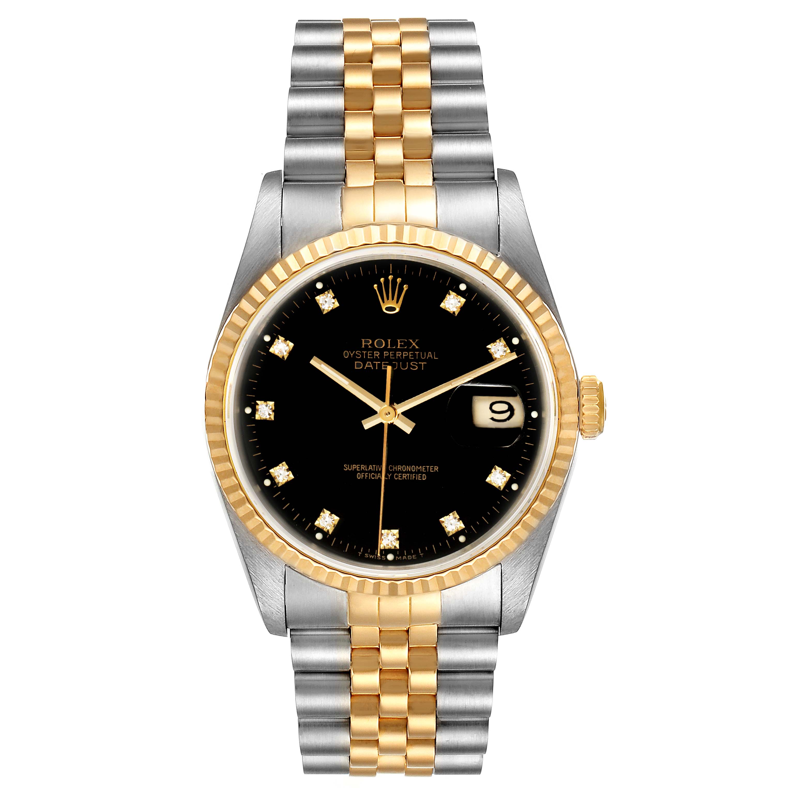 The image shows a front view of a Rolex Datejust 16233 Men's Steel and Gold (two tone) Black Dial 16233 Men's Steel and Gold (two tone) Black Dial watch with a black dial, date window, and a two-tone bracelet.