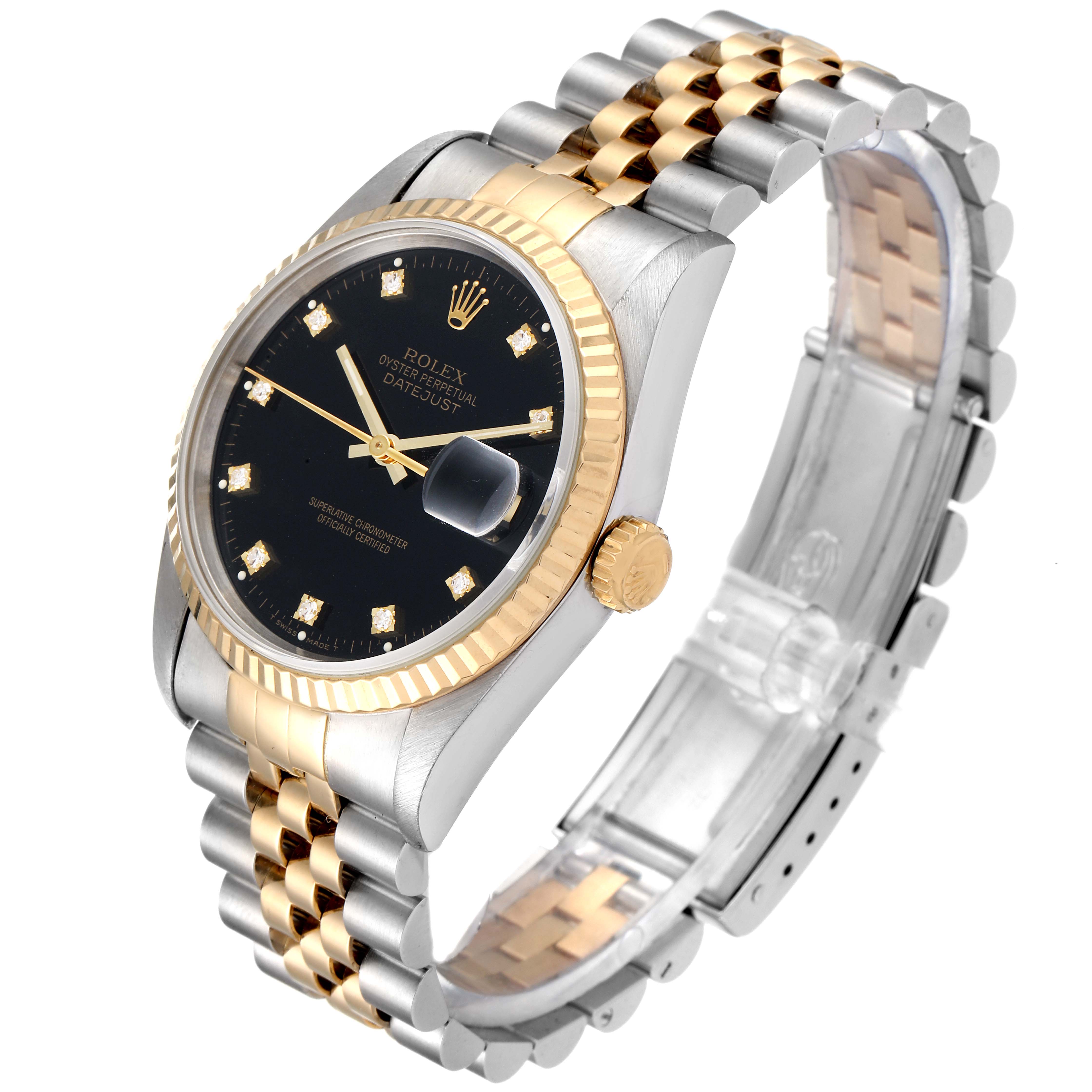 The image shows a Rolex Datejust 16233 Men's Steel and Gold (two tone) Black Dial 16233 Men's Steel and Gold (two tone) Black Dial watch at a three-quarter angle, displaying the dial, bezel, crown, and stainless steel and gold bracelet.