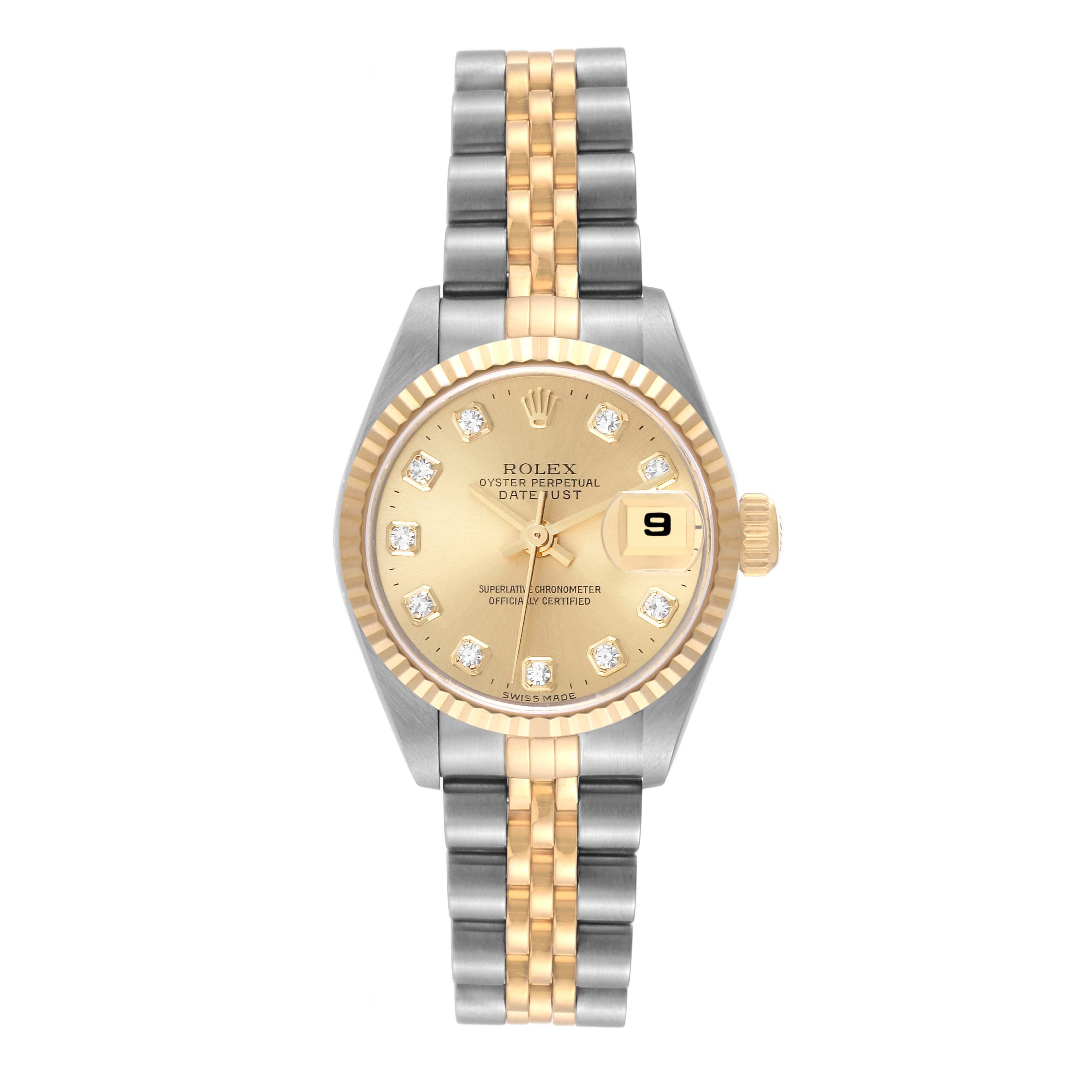 The image shows a front view of a Rolex Datejust 79173G Women's Steel and Gold (two tone) Champagne Dial 79173G Women's Steel and Gold (two tone) Champagne Dial watch with a gold dial, diamond hour markers, and a two-tone gold and stainless steel bracelet.